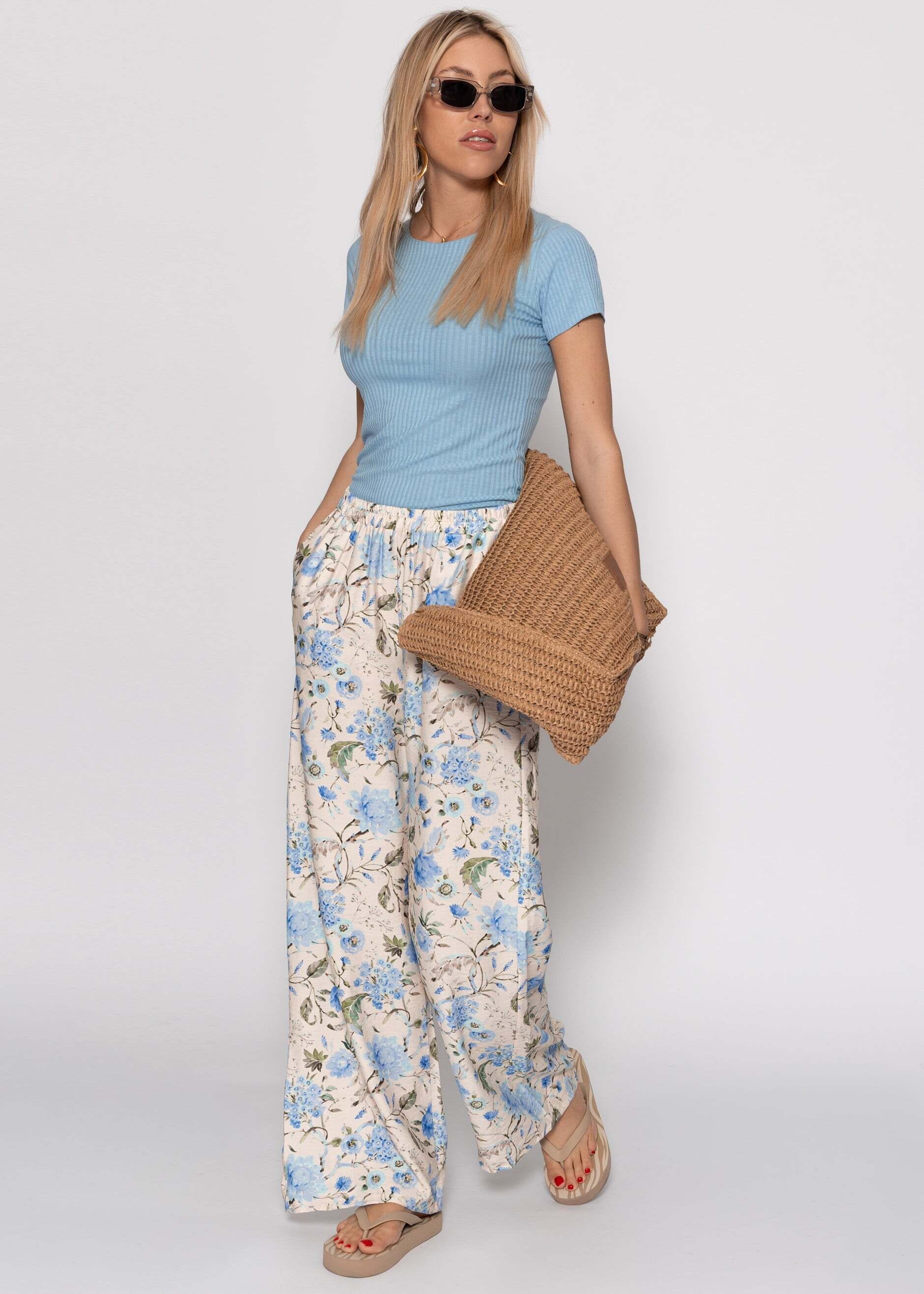 SASSYCLASSY Stoffhose »Hose mit Blümchendruck«  Weite Hose in floralem Muster mit elastischem Bund Beige Blau