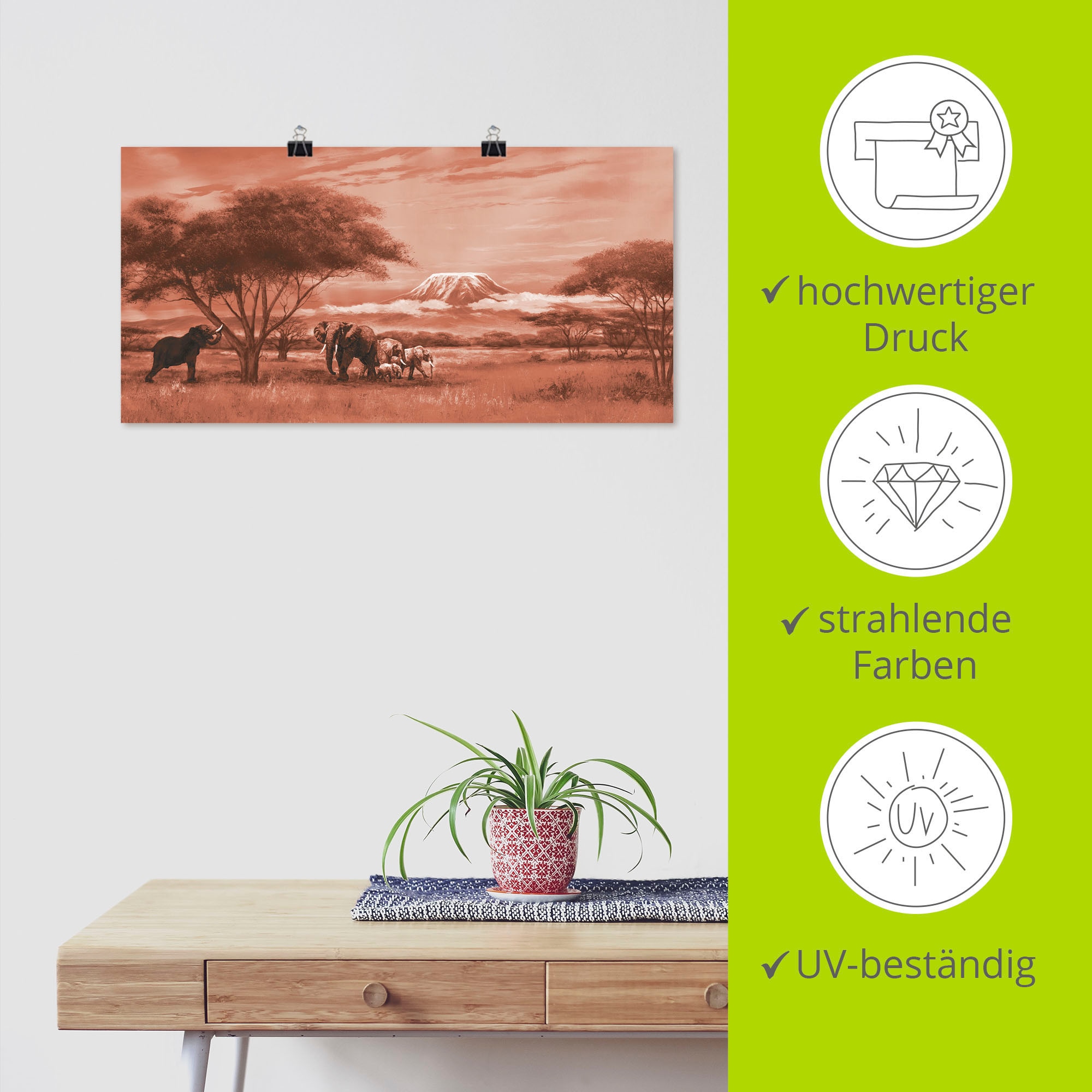 Artland Wandbild »Elefanten am Kilimandscharo«, Bilder von Afrika, (1 St.), als Leinwandbild, Wandaufkleber oder Poster in versch. Größen