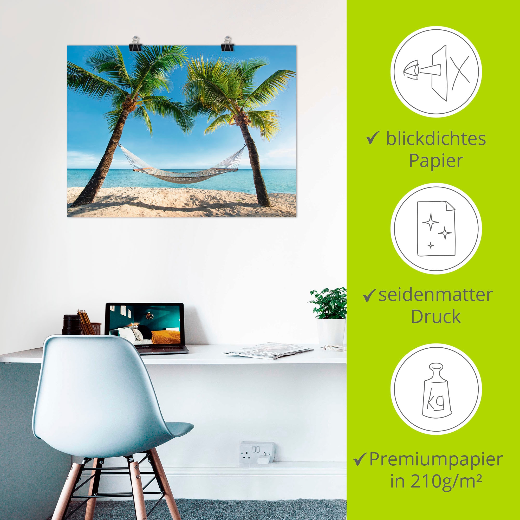 Artland Wandbild »Palmenstrand Karibik mit Hängematte«, Amerika, (1 St.), als Leinwandbild, Poster, Wandaufkleber in verschied. Größen