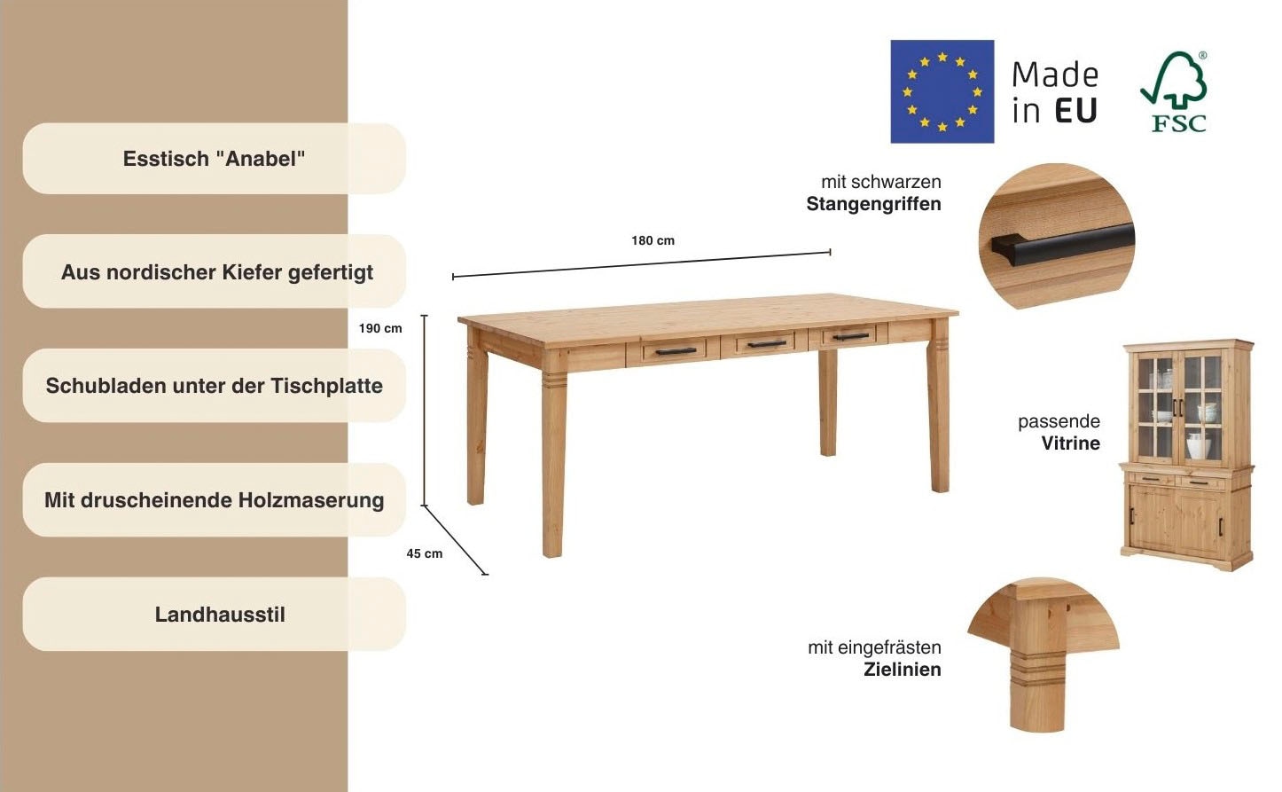 Home affaire Esstisch »Anabel, Schubkästen mit schwarzen Metallgriffen«, Buffet aus massiver Kiefer, FSC®, mit Schiebetüren, B/H 186/190 cm