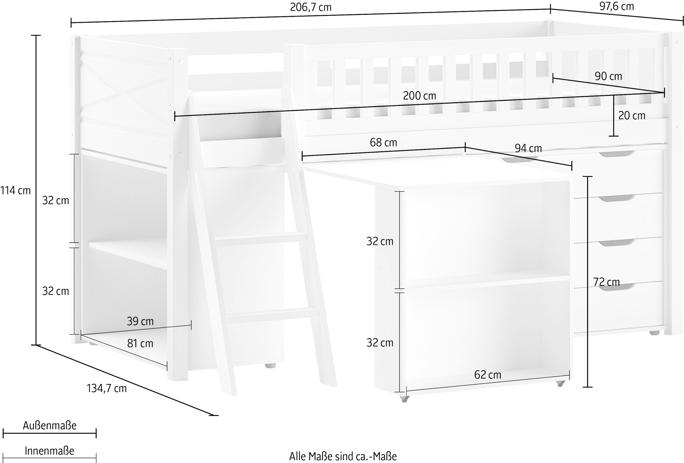 Vipack Spielbett, (Made in Europe), mit viel Funktion auf kleinem Raum, LF 90x200 cm, Kiefer weiß lackiert