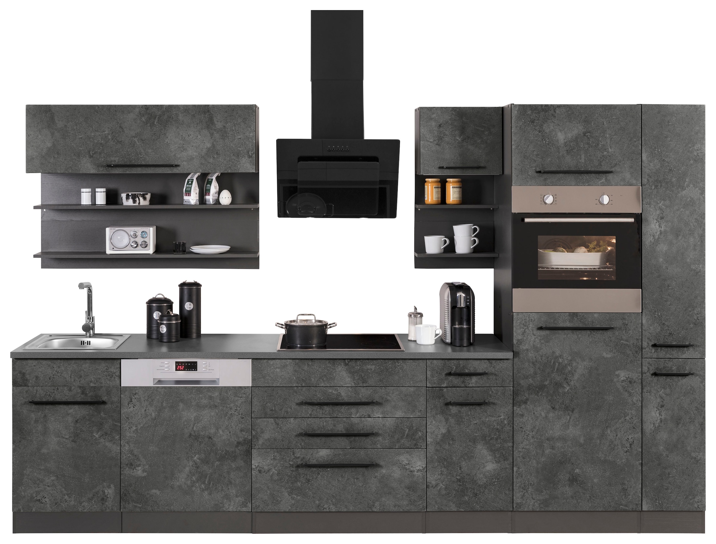 Küchenzeile »Tulsa«, mit E-Geräten, Breite 320 cm, schwarze Metallgriffe, MDF Fronten