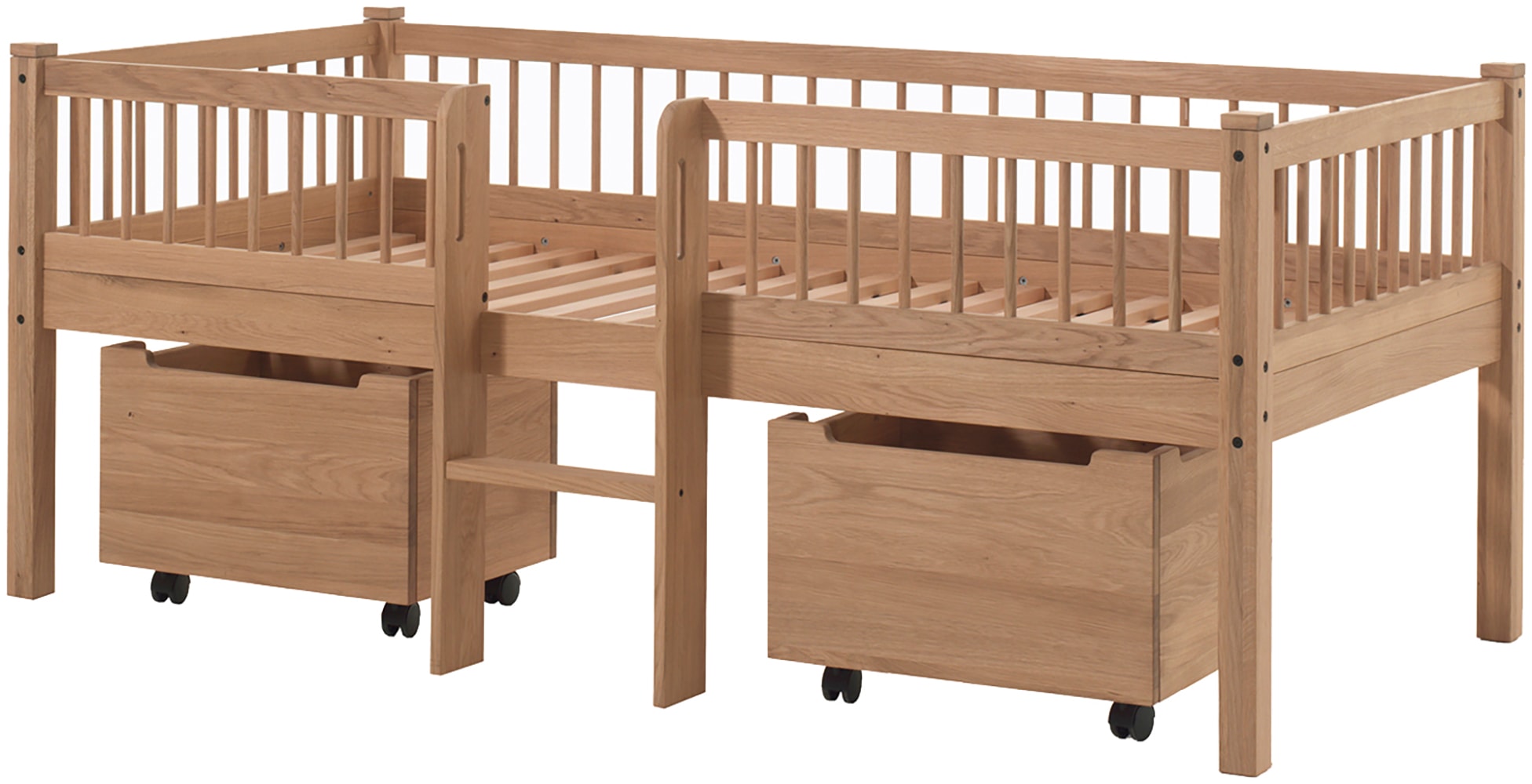 Vipack Massivholzbett »Forrest Made in Europe, stabil und hochwertig gebaut, mit 2 Rollboxen« 90/200 cm, mit Rollrost und Leiter, seitenverkehrt montierbar,  inkl. umlaufenden Absturzschutz in Sprossenoptik, Eiche natur geölt