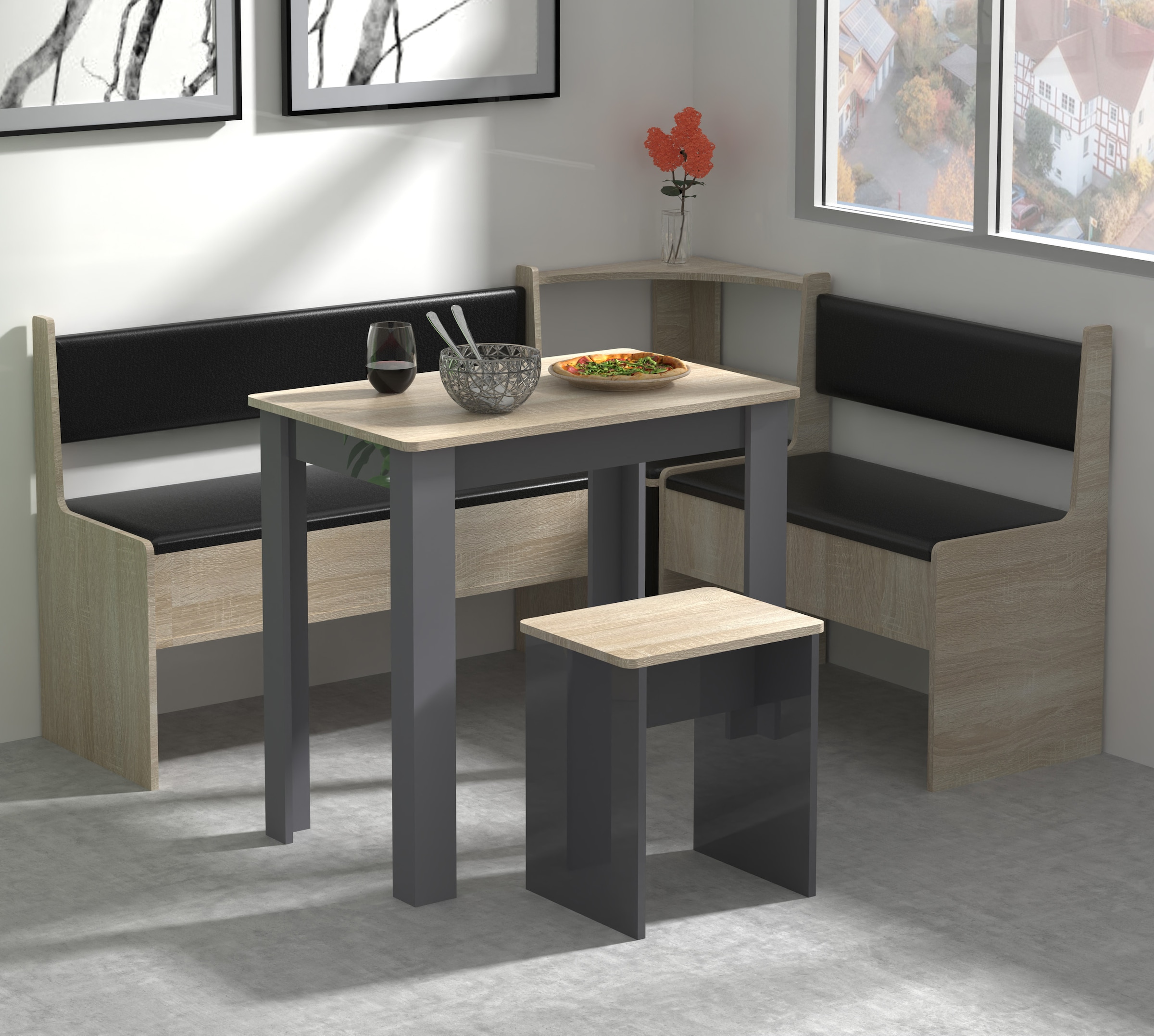 VCM Essgruppe »VCM Eckbankgruppe Sitzgruppe Esszimmergruppe Bank Tisch Hocker Esal Mini« Esal, 5 Stk. tlg.