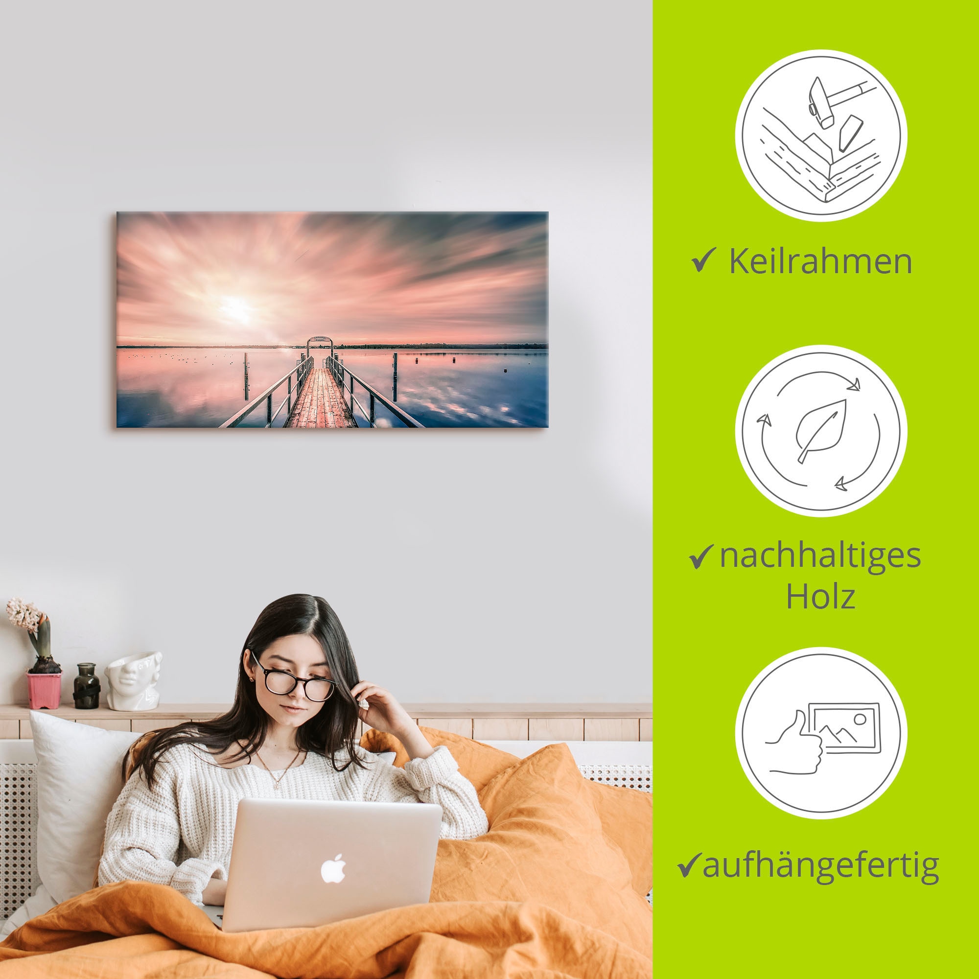 Artland Wandbild »Steg im Sonnenlicht mit Wolken«, Bilder vom Sonnenuntergang & -aufgang, (1 St.), in vielen Größen & Produktarten , Alubild, Leinwandbild, Poster, Wandaufkleber