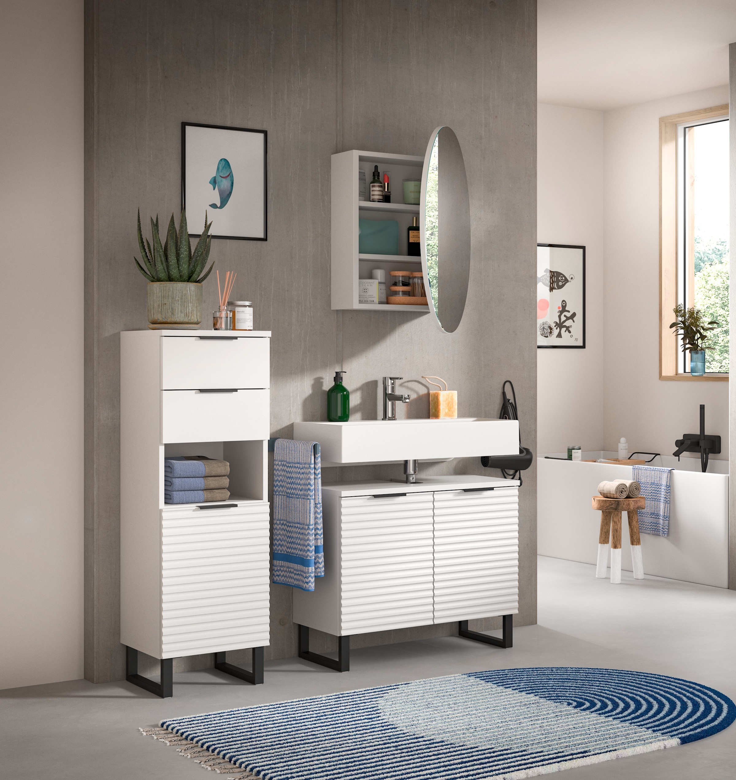 welltime Badmöbel-Set »Litica, Breite 120 cm, hochwertige Rillenfräsung, Metallkufen«, (3 St.), best. aus.: Unterschrank, Waschbeckenunterschrank, Spiegelschrank