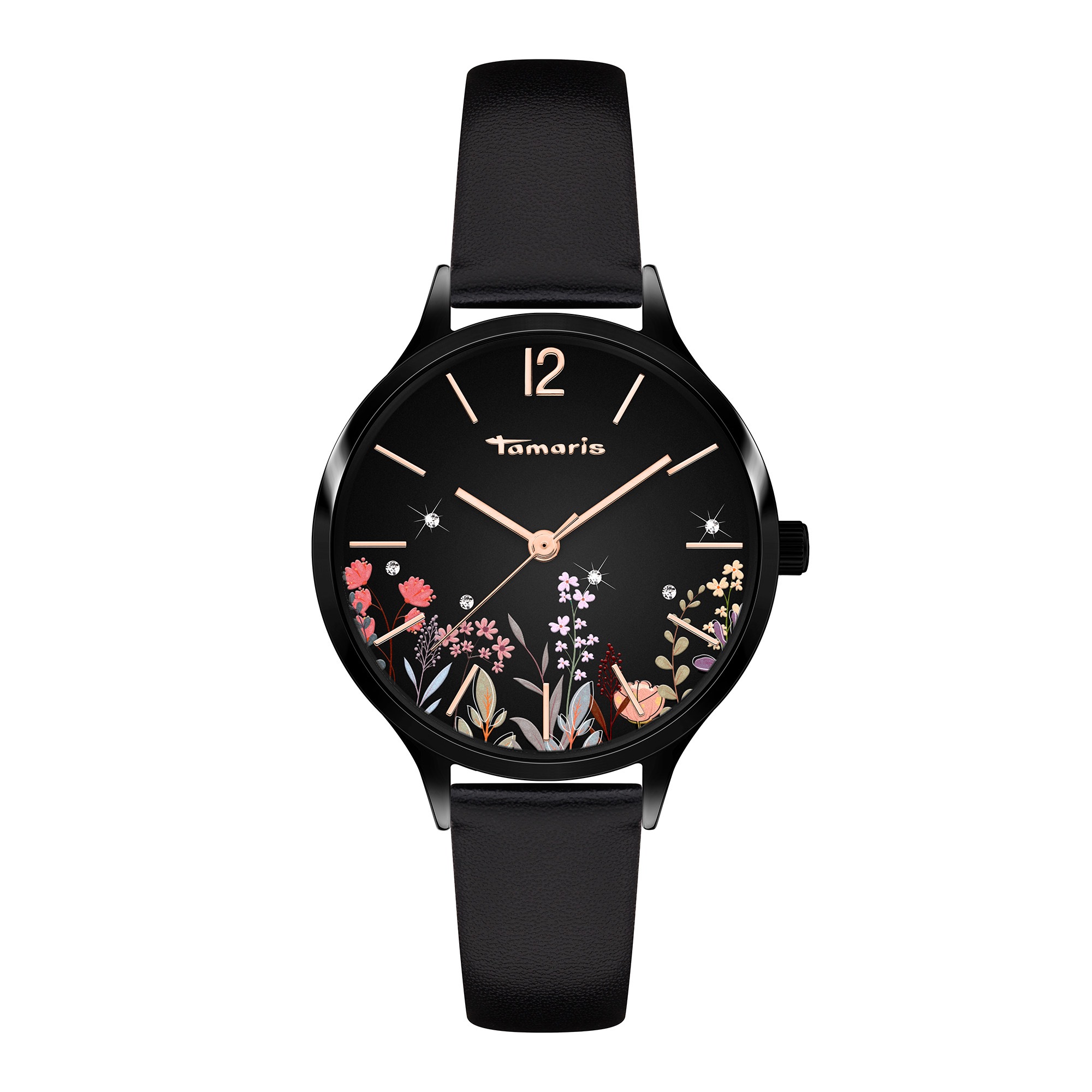 Tamaris Damen Quarzuhr »Romantic Flowers« Armbanduhr, Damenuhr, Lederarmband, analog, Zirkonia (synth.)