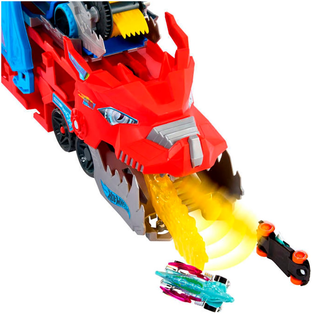 Hot Wheels Spielzeug-Monstertruck »Hot Wheels City Ultimativer 2-in-1 Drachen Transporter«, Inklusive 2 Hot Wheels Die-Cast-Fahrzeuge im Maßstab 1:64