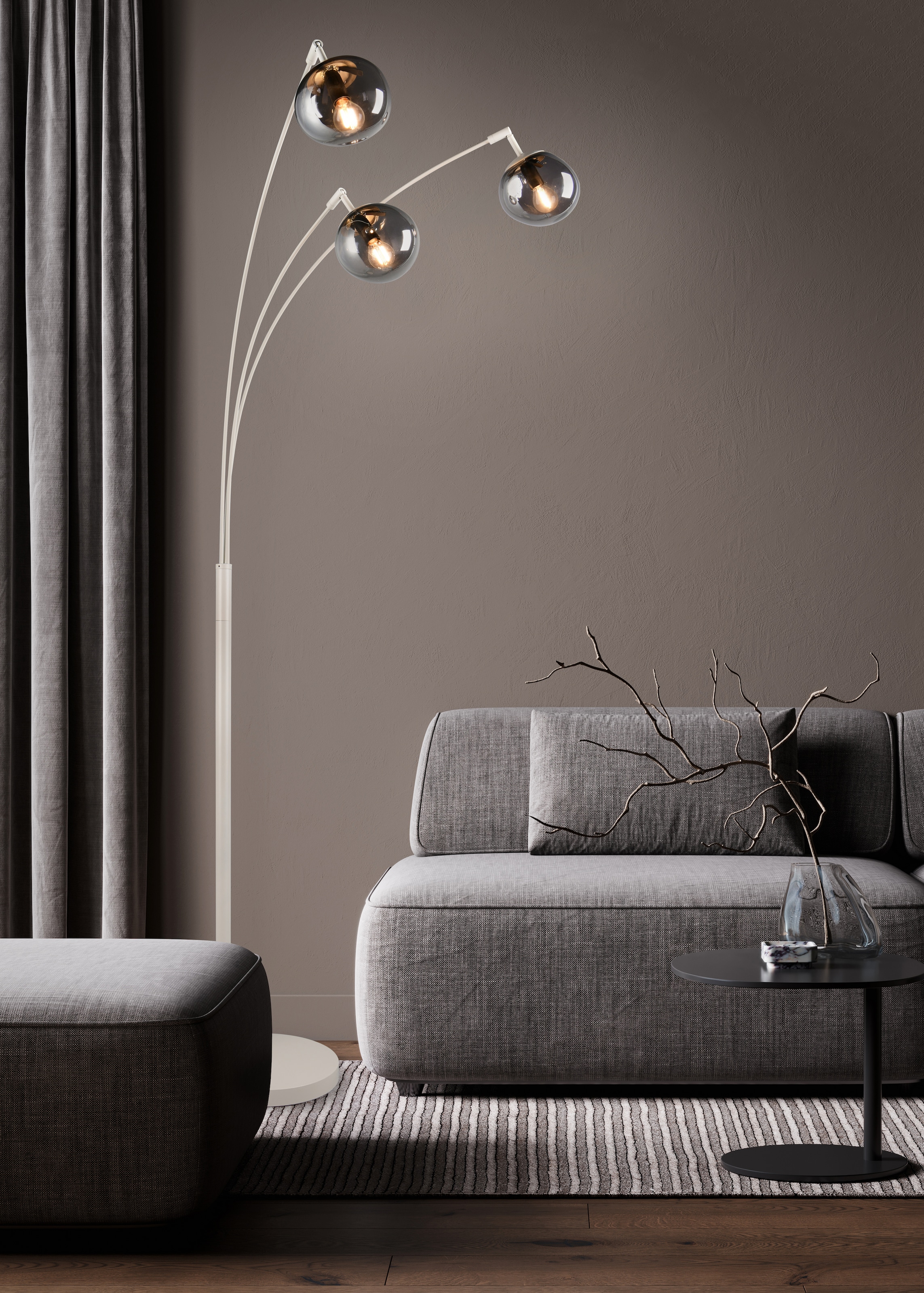 s.Oliver Stehlampe »ANJELLA, Stehleuchte exkl 3x E14 max 10W, in warm grey + smoke Glas«, 3 flammig, Leuchtmittel E14 | Leuchtmittel wechselbar, mit mundgeblasenen Glas Lampenschirmen in rauchgrau, 195 x 65 x 72 cm
