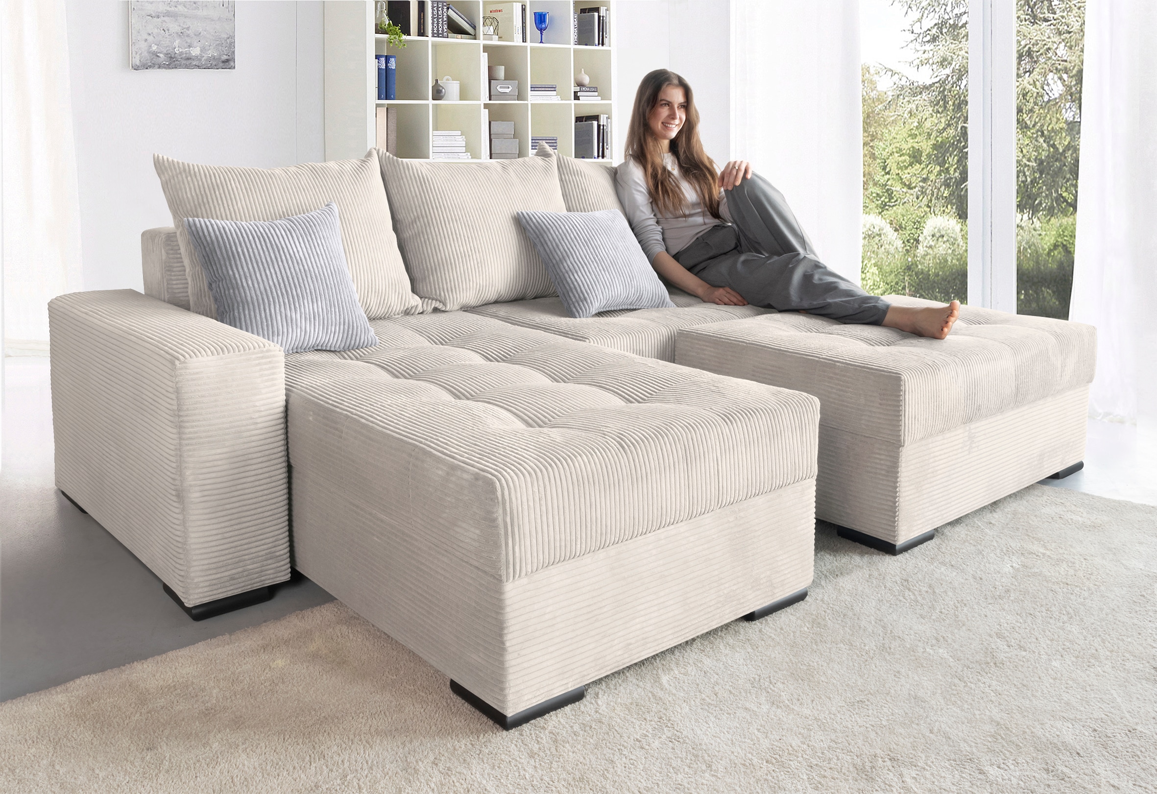 COLLECTION AB Ecksofa »Josy L-Form, Breite 214 cm, mit 3 großen Rückenkissen«, (Cord-/Mix), mit Bettfunktion und Bettkasten, Federkern
