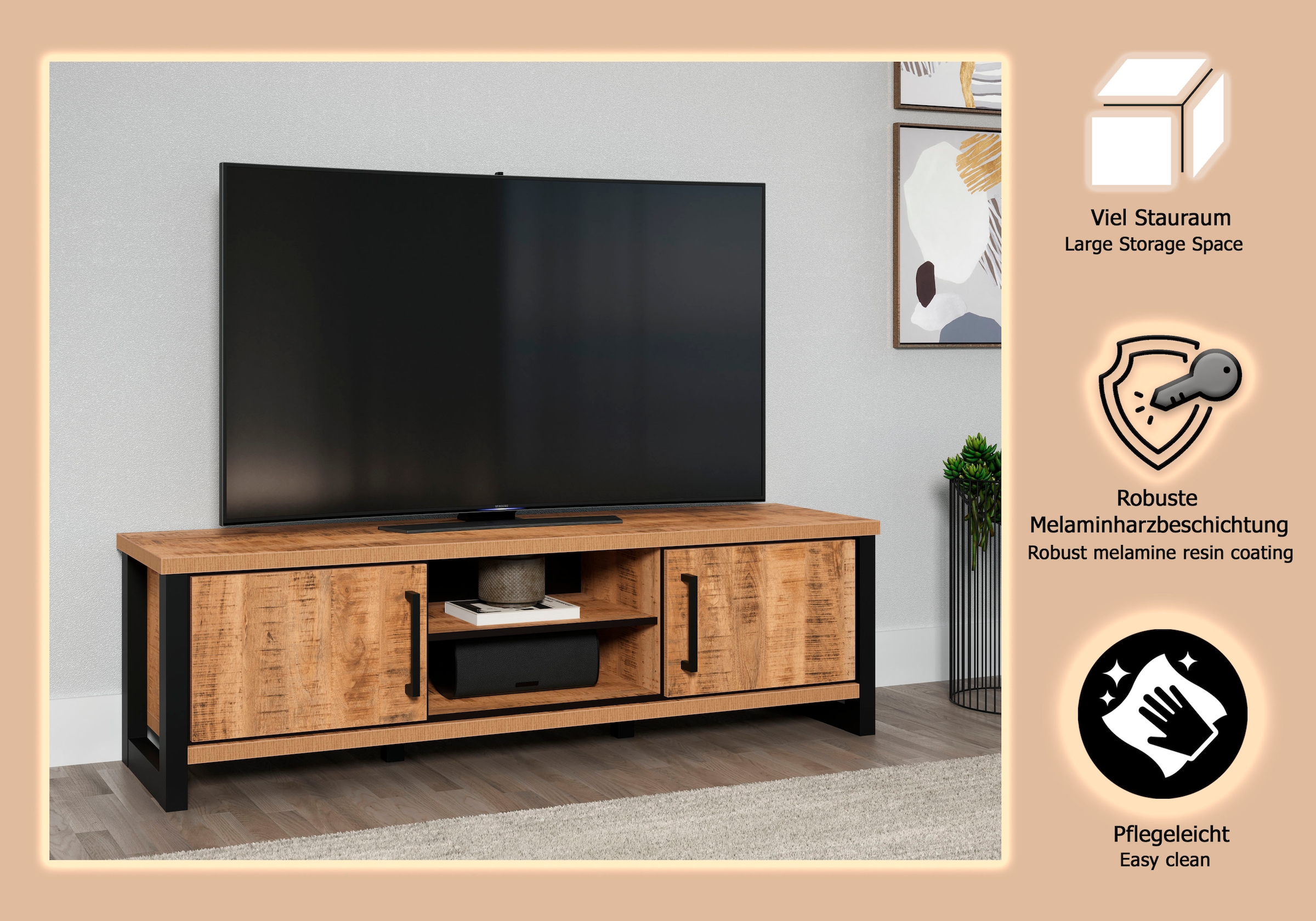 Home affaire Lowboard »Elda« 1 Stk. tlg. TV Lowboard mit 2 Türen und 2 offenen Fächern – (B/T/H) 166/45/50 cm