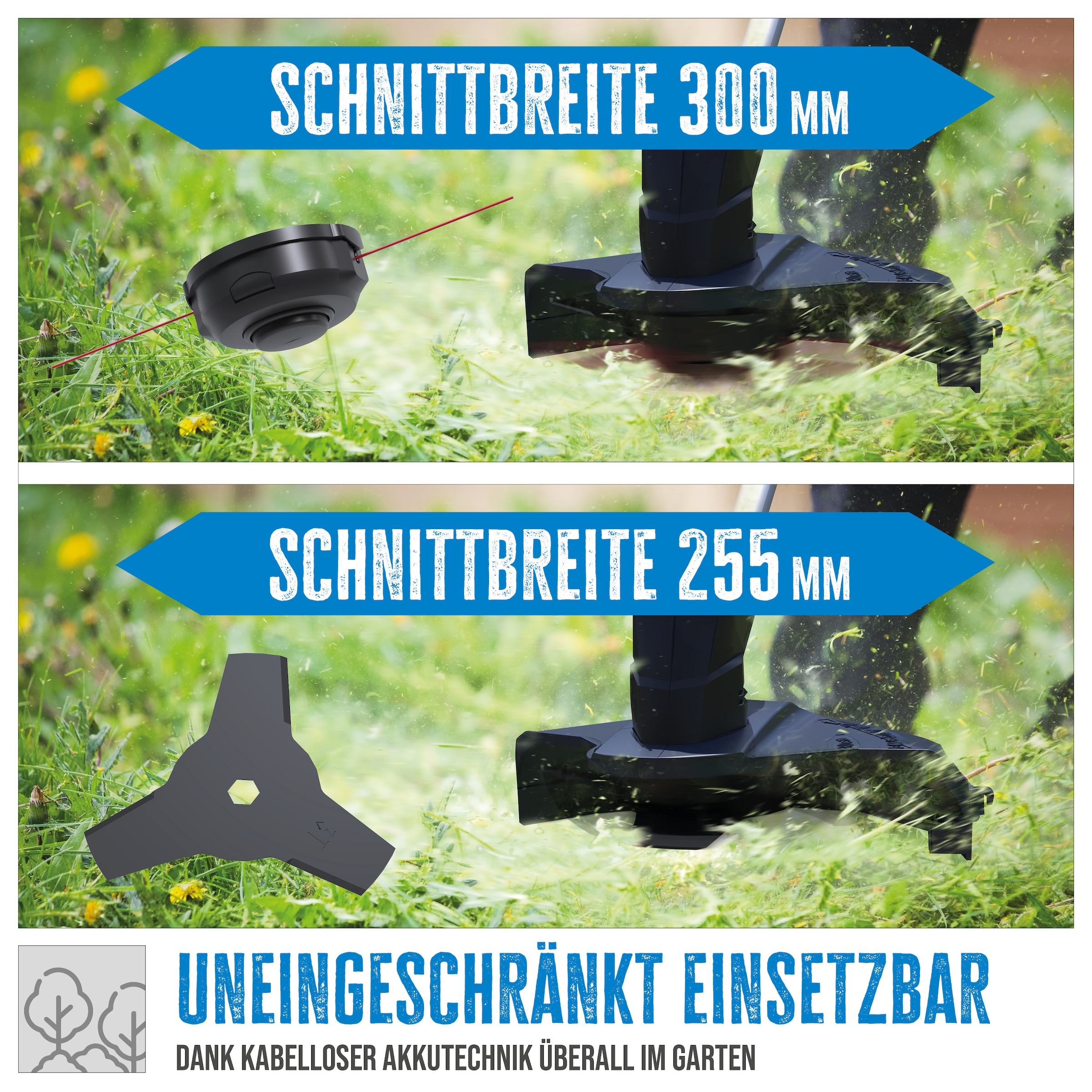 Güde Akku-Hochentaster »Akku-Freischneider »FS 18-401-30««, (Schnittbreite 255/300mm), Inkl. Akku 4 Ah und Ladegerät, mit 3-Zahn Messer und Doppelfadenkopf