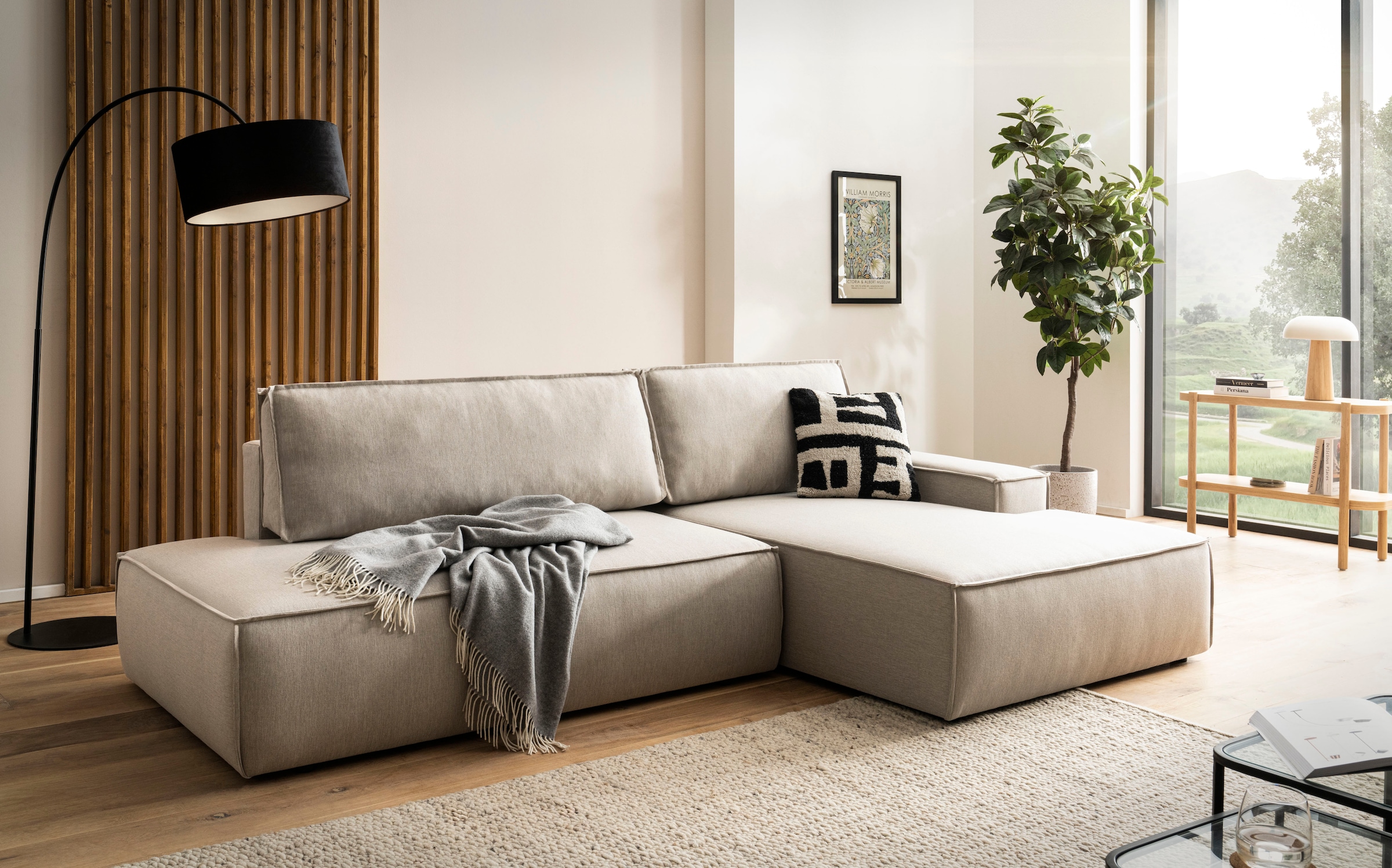 OTTO home Ecksofa »SHERWOOD Leinenoptik  Schlafsofa in L-Form offen (275cm)« Schlaffunktion und Bettkasten, Kedernaht, hoher Sitz- & Liegekomfort,