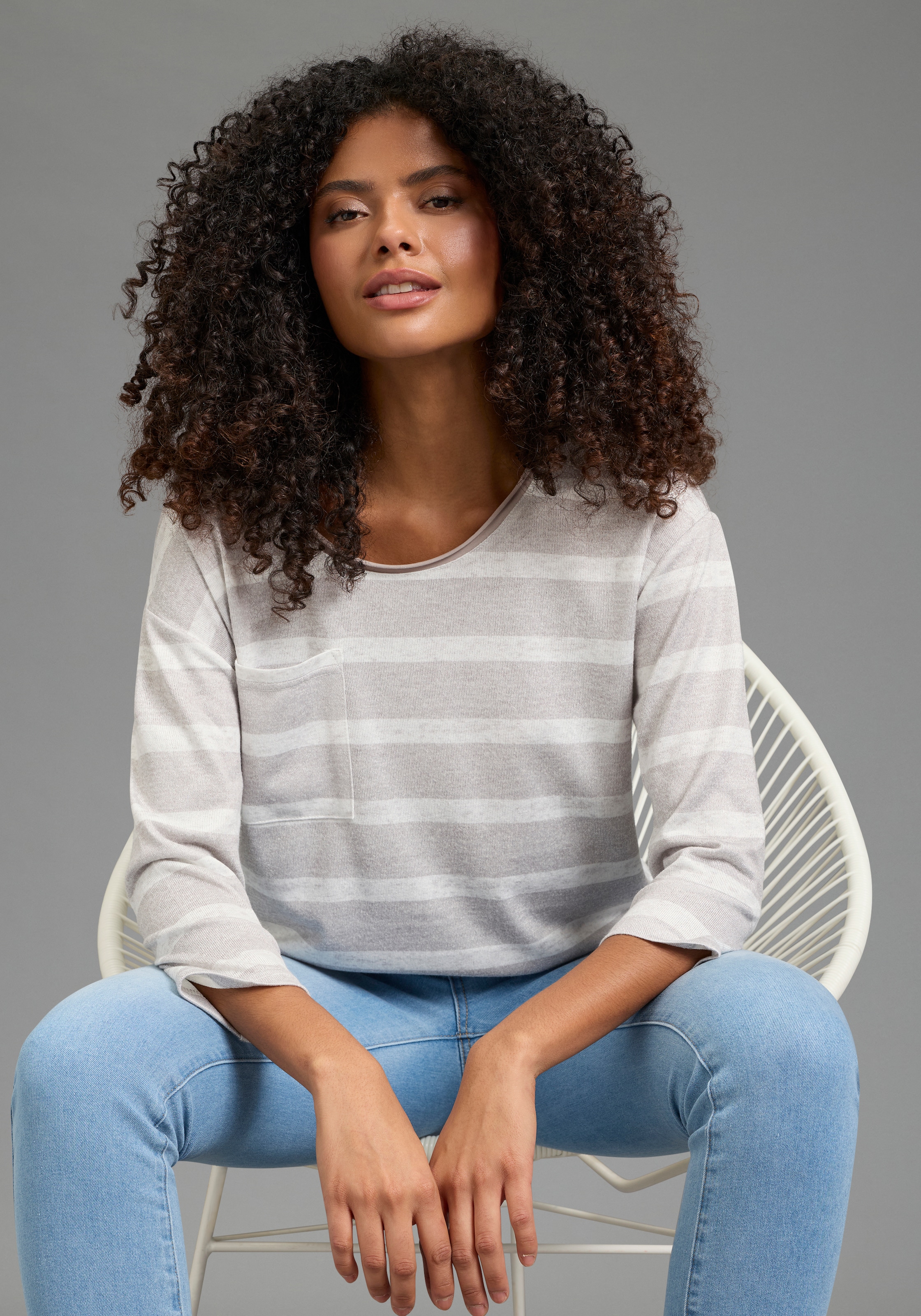 Laura Scott Streifenpullover leichter Übergangspullover mit seitlichem Schlitz und Tasche