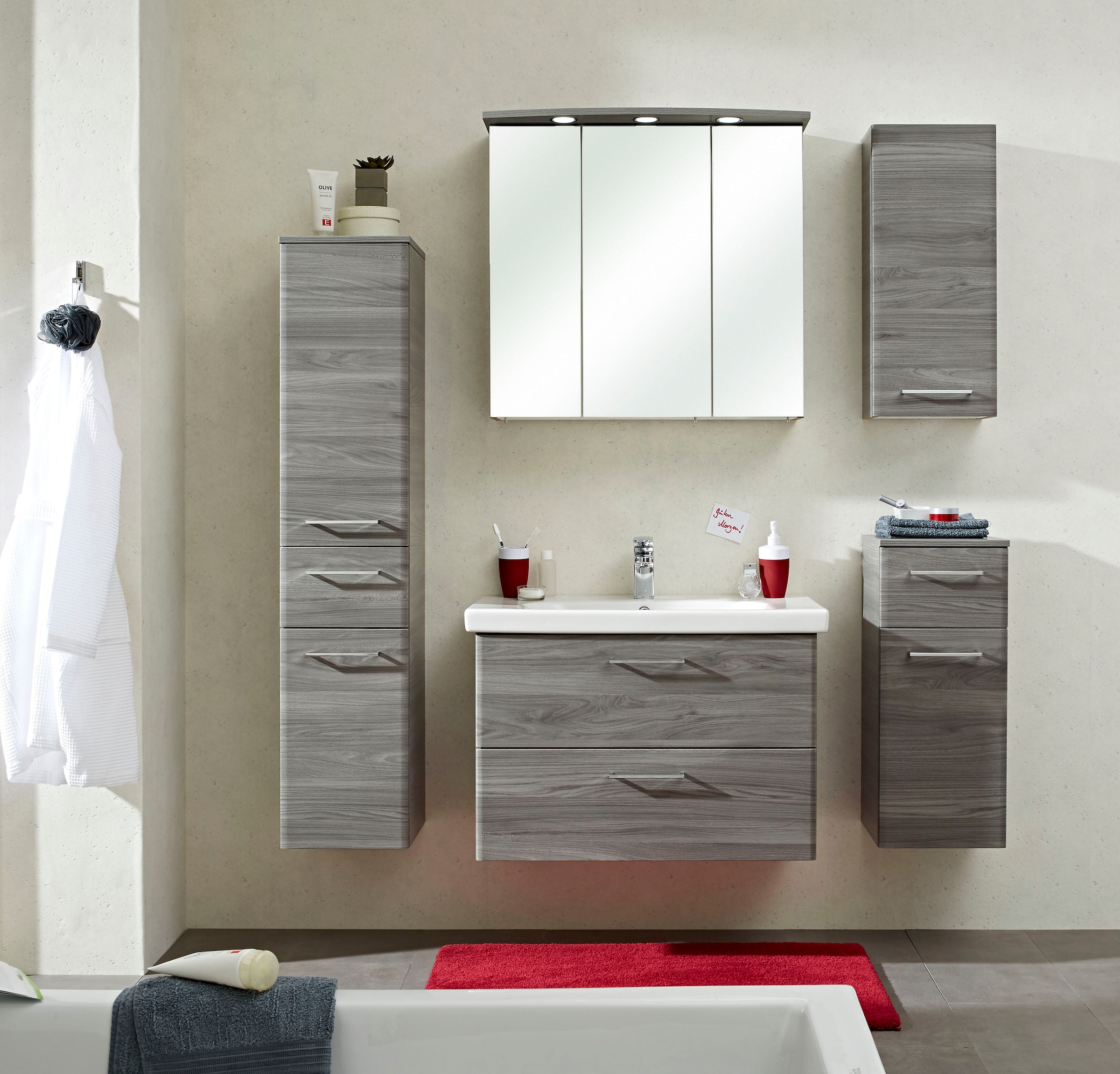 Saphir Midischrank »Quickset 916 Badschrank 30 cm breit, 2 Türen, 1 Schublade«, Badezimmer-Midischrank Sangallo Grau quer, Griffe in Chrom glänzend