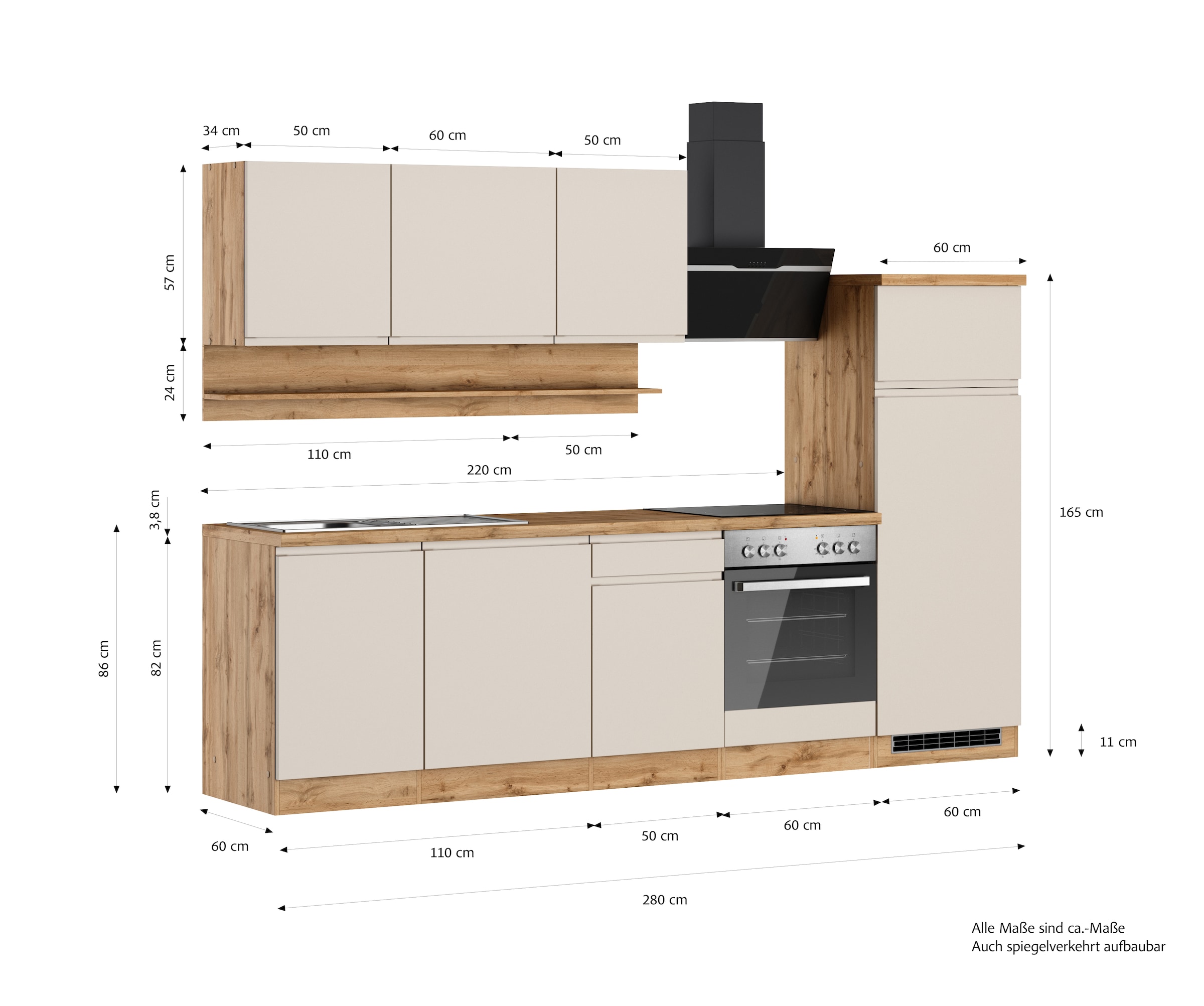 KOCHSTATION Küchenzeile »KS-Virginia,neu in verbesserter Ausführung« Arbeitsplatte 38 mm stark, Stauraum, Softclose,  Breite 280 cm, Soft-Close, wahlweise mit E-Geräten