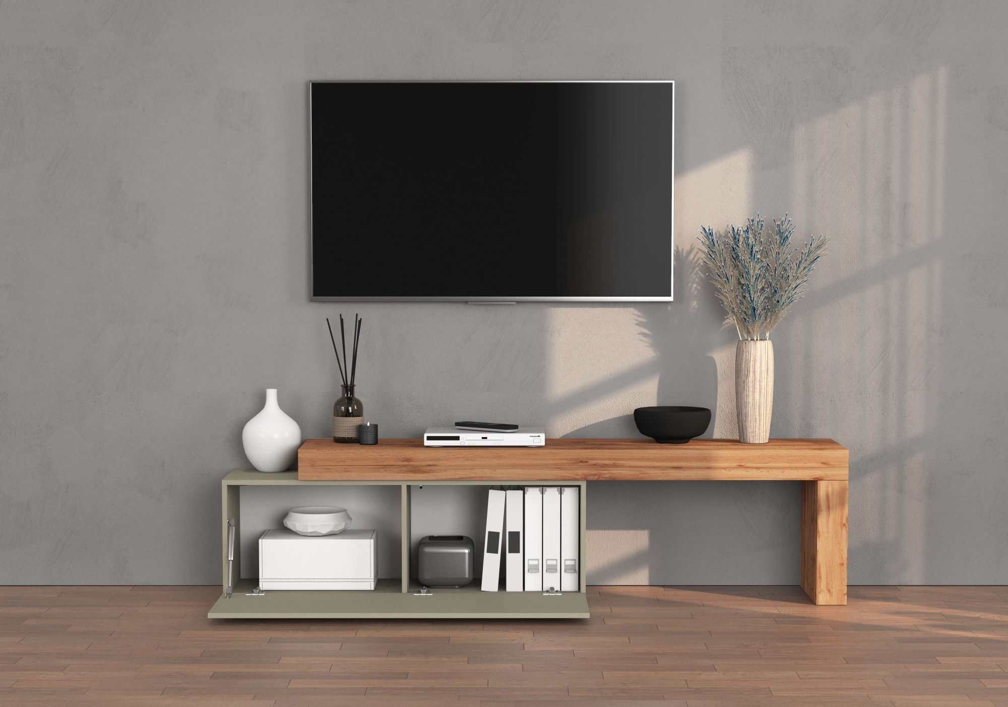 INOSIGN Lowboard »Chronos TV-Board, T-Schrank«, (1 St., Breite verstellbar von 180 bis 290 cm), Breite 240 cm TV-Board,Lowboard,1 Klappe und ein L-Förmiger Aufsatz