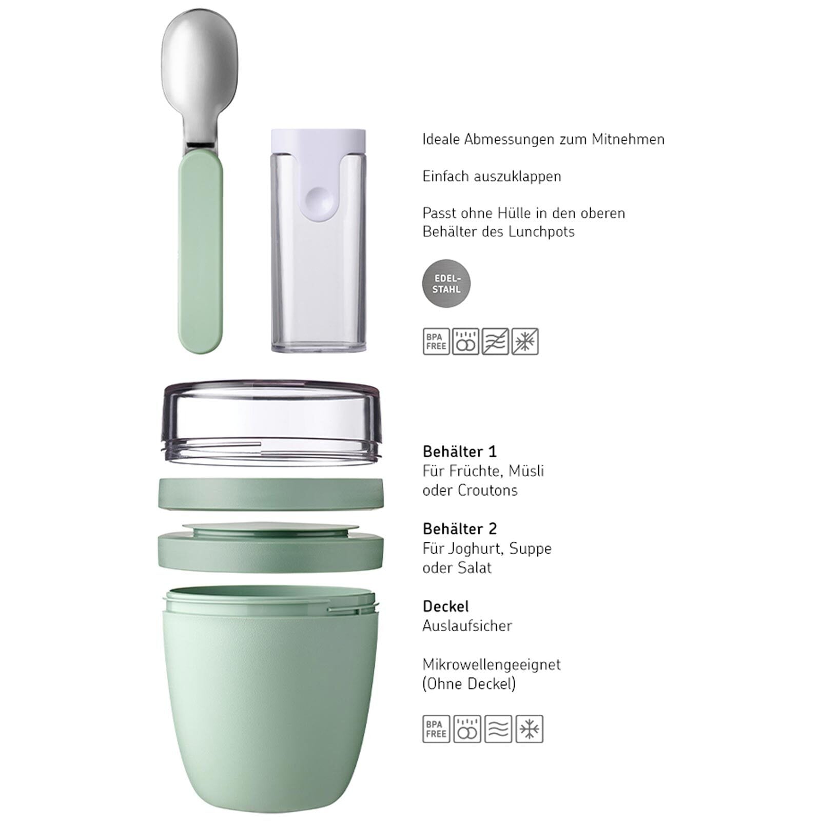 Mepal Lunchbox »Lunchpot mit Snack-Deckel und Klapplöffel Ellipse 500 (+ 200 ml)«, (3 tlg.)