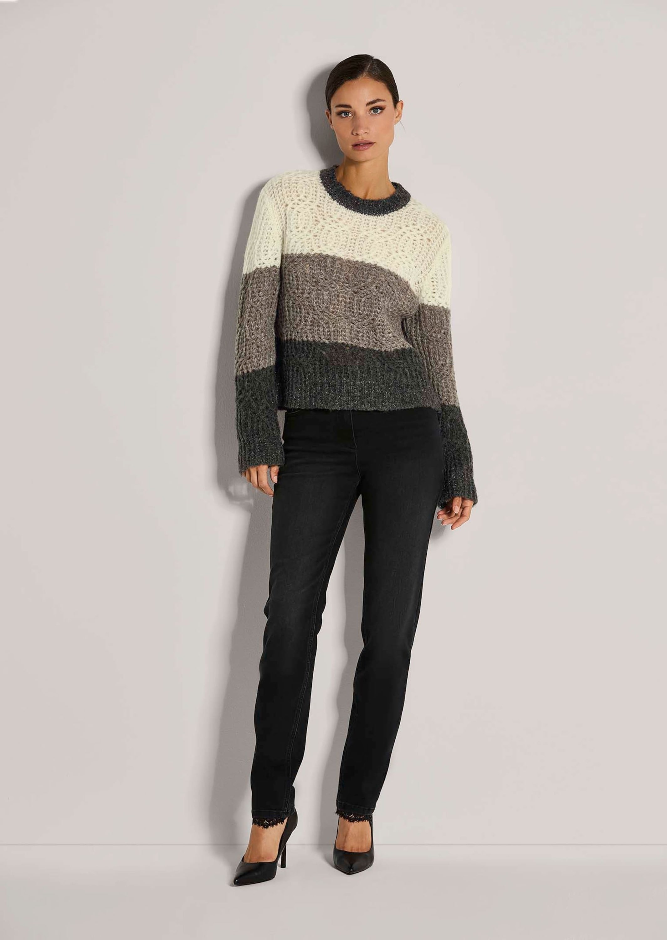 MADELEINE Longpullover »Strickpullover Eleganter Wollpullover mit Zopfmuster« Zopfmuster und Blockstreifen