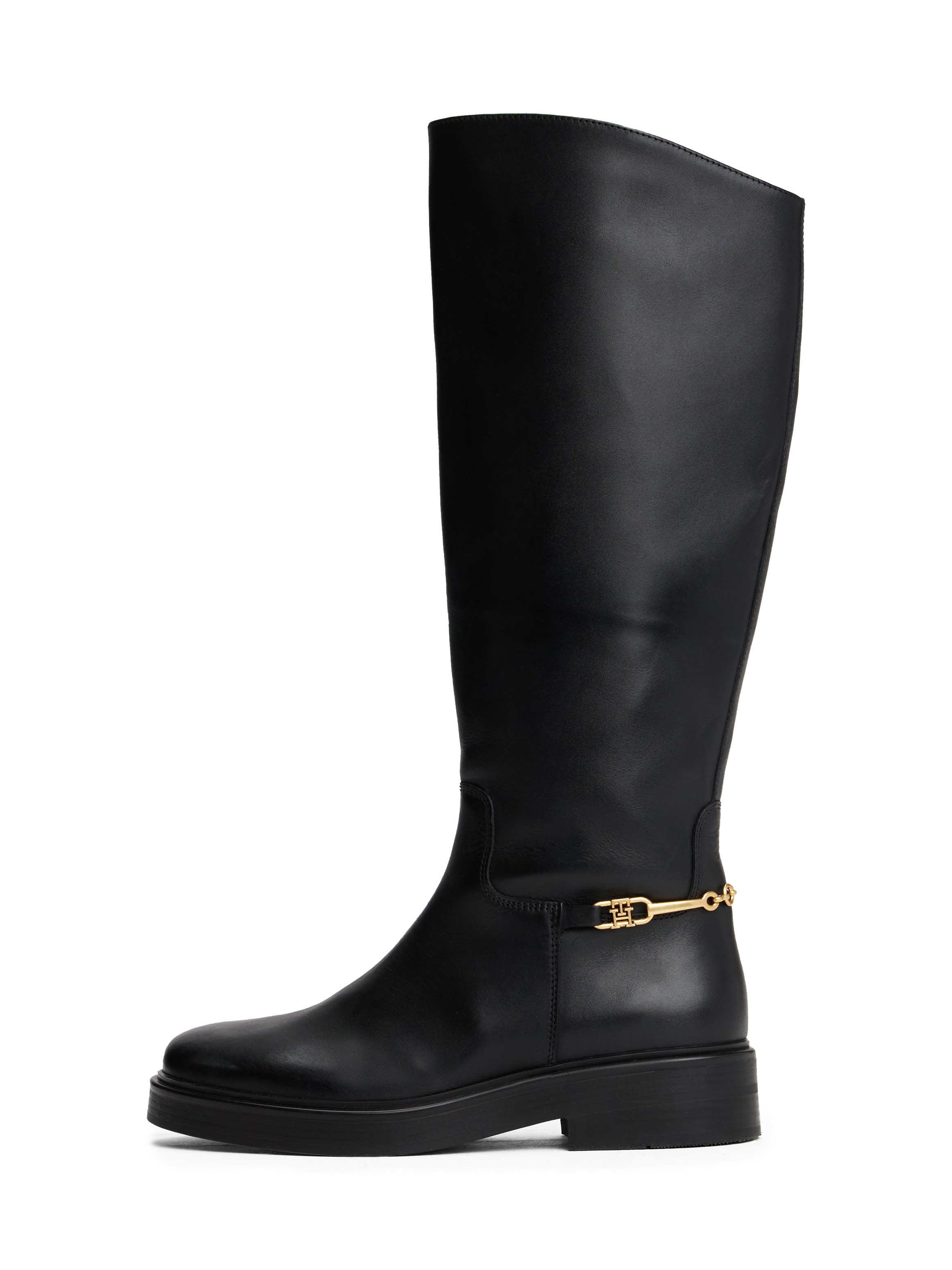 Tommy Hilfiger Stiefel »TH HORSEBIT RIDING LONG BOOT«  , Blockabsatz, Langschaftstiefel, goldfarbene Zierkette an der Ferse