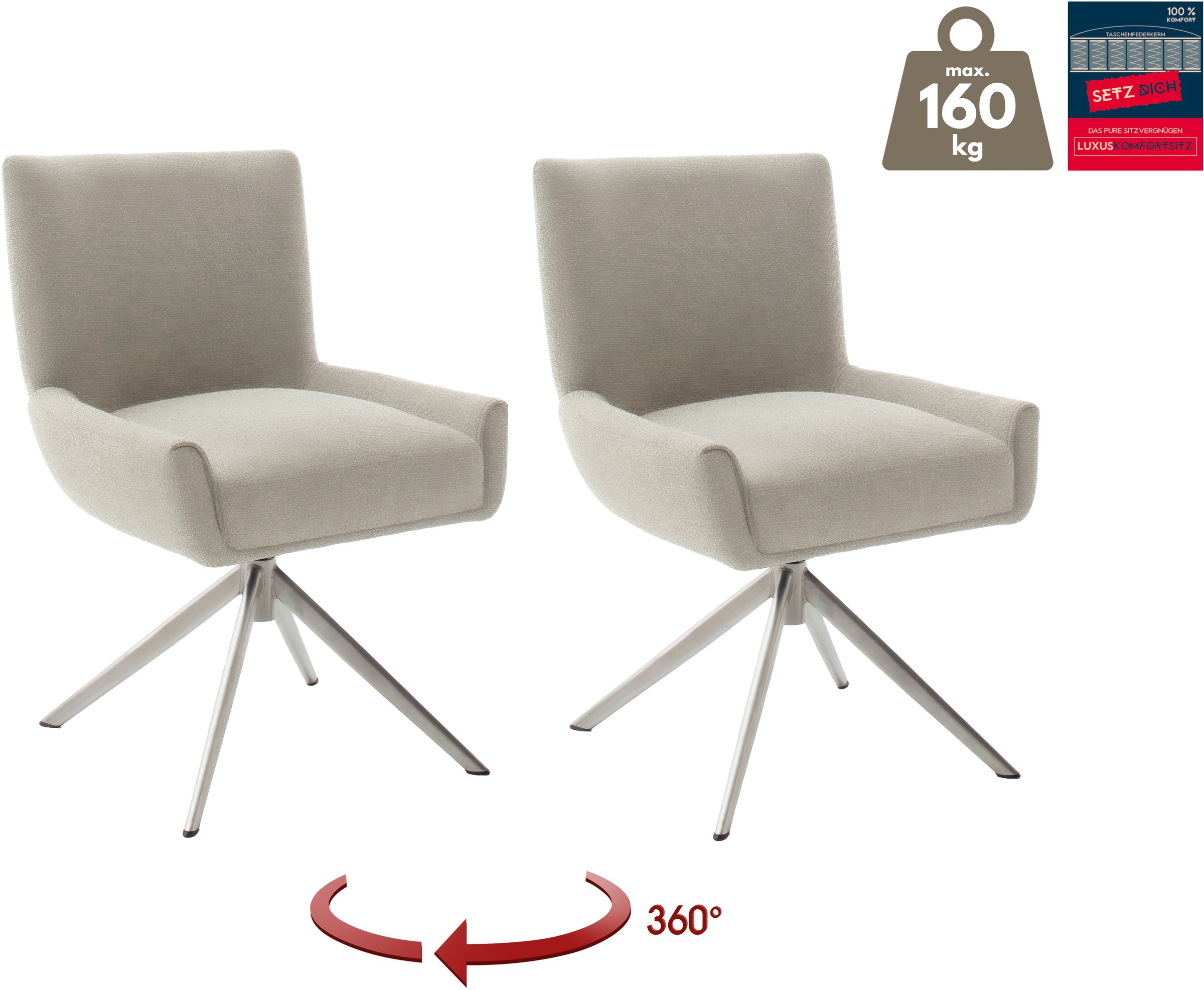 MCA furniture 4-Fußstuhl »WILSON Esszimmerstuhl, Armlehnstuhl, Polsterstuhl, modern«, (Set), 2 St., Flachgewebe, Stuhl, Armlehnenstuhl, drehbar, Taschenfederkern, belastbar 160 kg,XXL