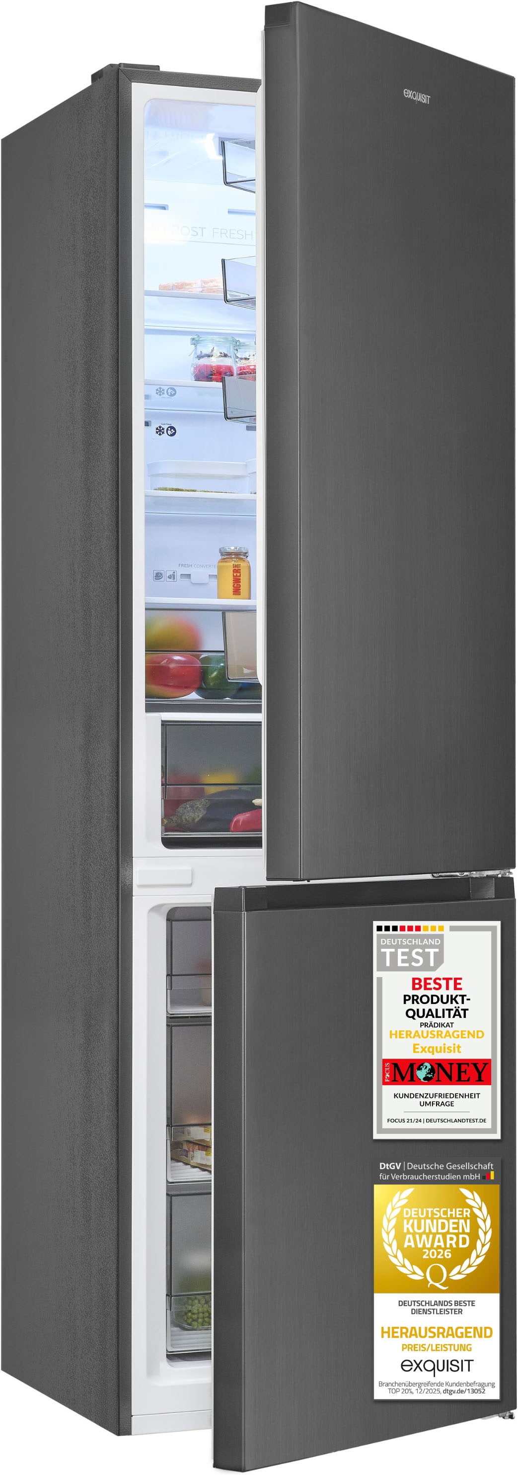 exquisit Kühl-/Gefrierkombination »KGC380-115-NF-040A inoxlook-az« 200,5 cm hoch 59,5 cm breit Humidity Box für optimale Feuchtigkeitsregulierung & kein Abtauen mehr