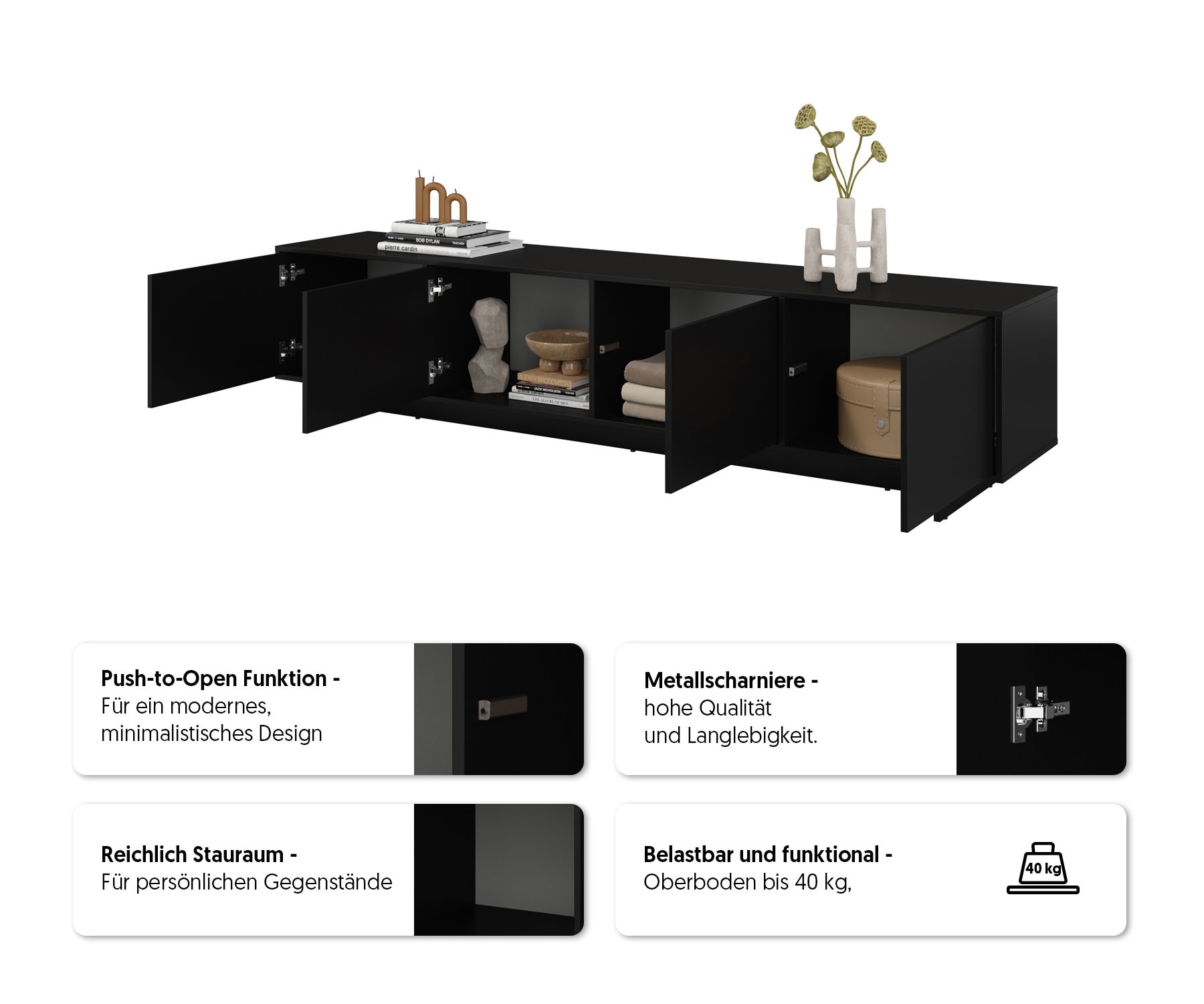 OTTO home Lowboard »Tatami, Modernes griffloses TV-Board, Breit 220,50cm, TV-Schrank« TV-Schrank, TV-Board mit viel Stauraum, push-to-open-Funktion