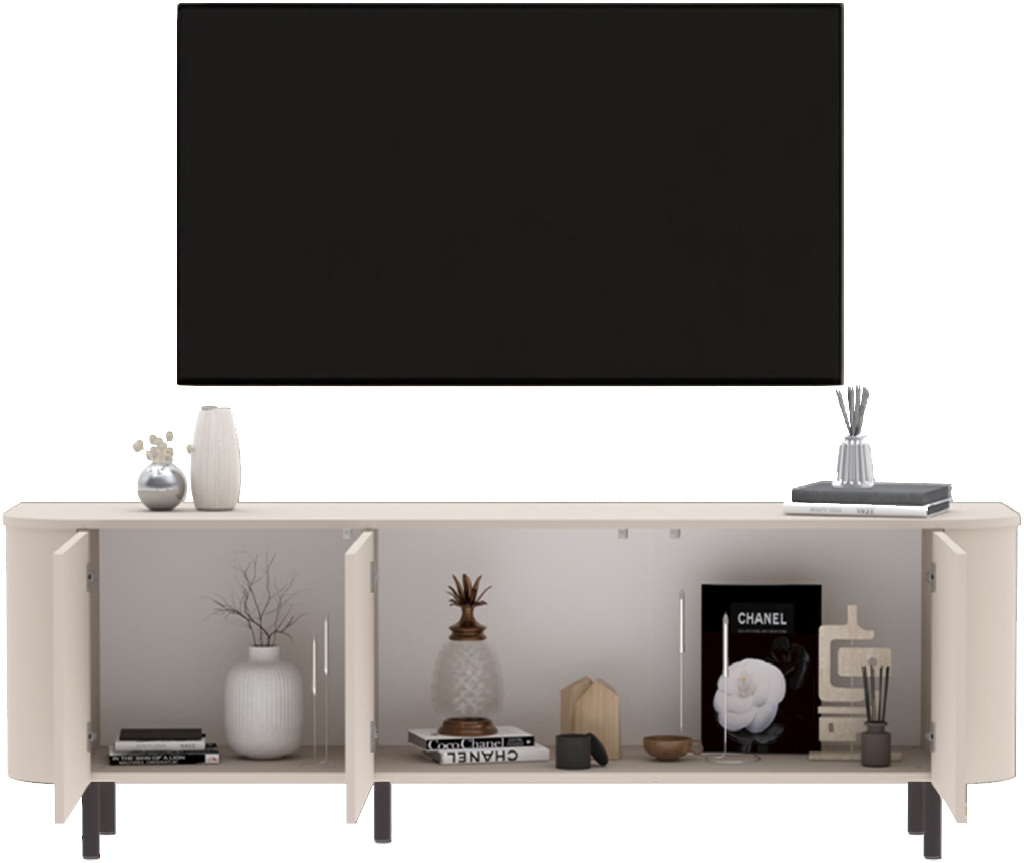 INOSIGN Lowboard »Lido, 181 cm breit, 3 Türen, TV-Schrank, TV-Kommode, Medienboard« Formgebogenes MDF, Stirnseiten mit Rundung, Push-to-open, Metallfüße