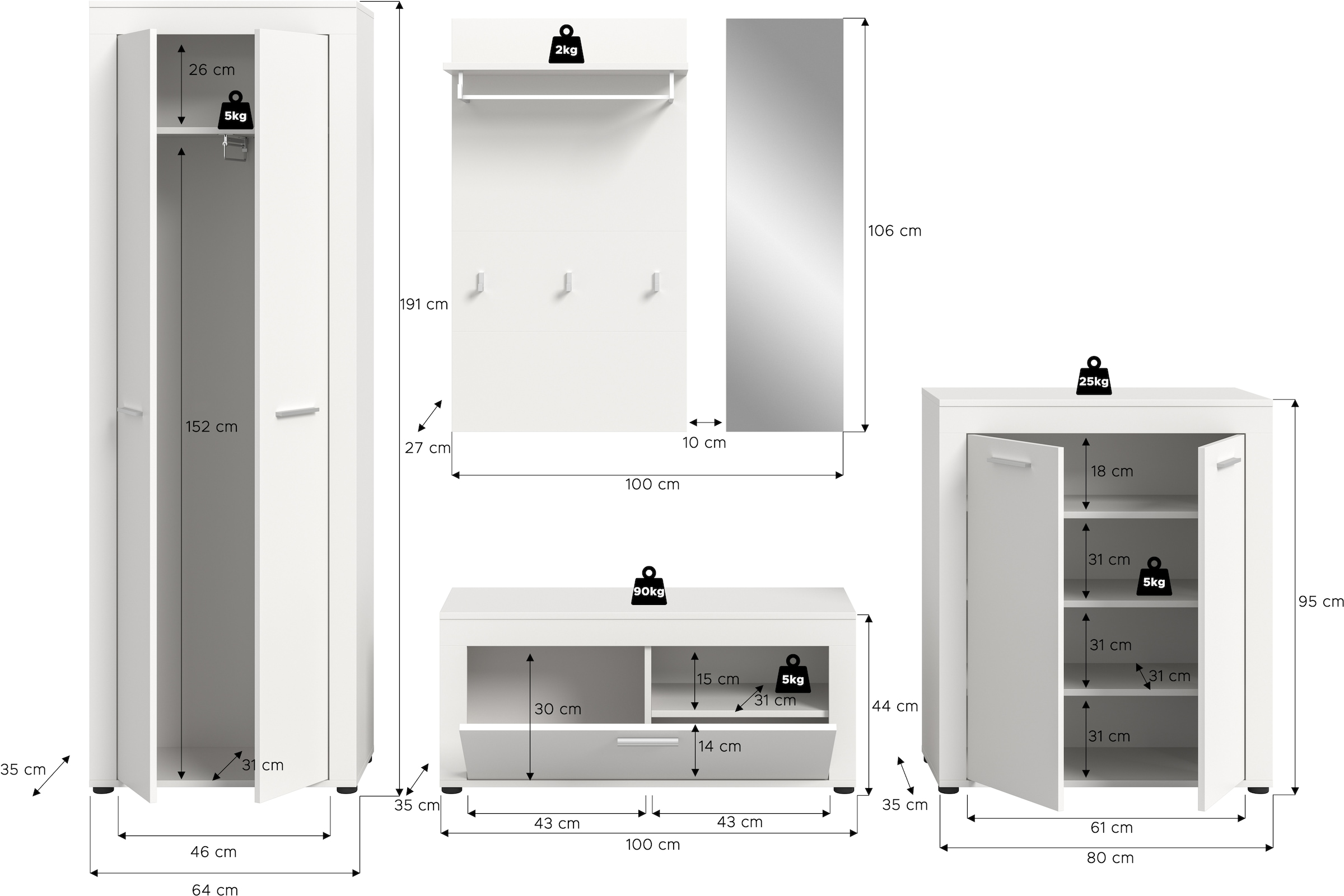 INOSIGN Garderoben-Set »Aosta«, (Set, 5 St.), Aosta, Höhe 191 cm, Garderobenset, Flur, Diele