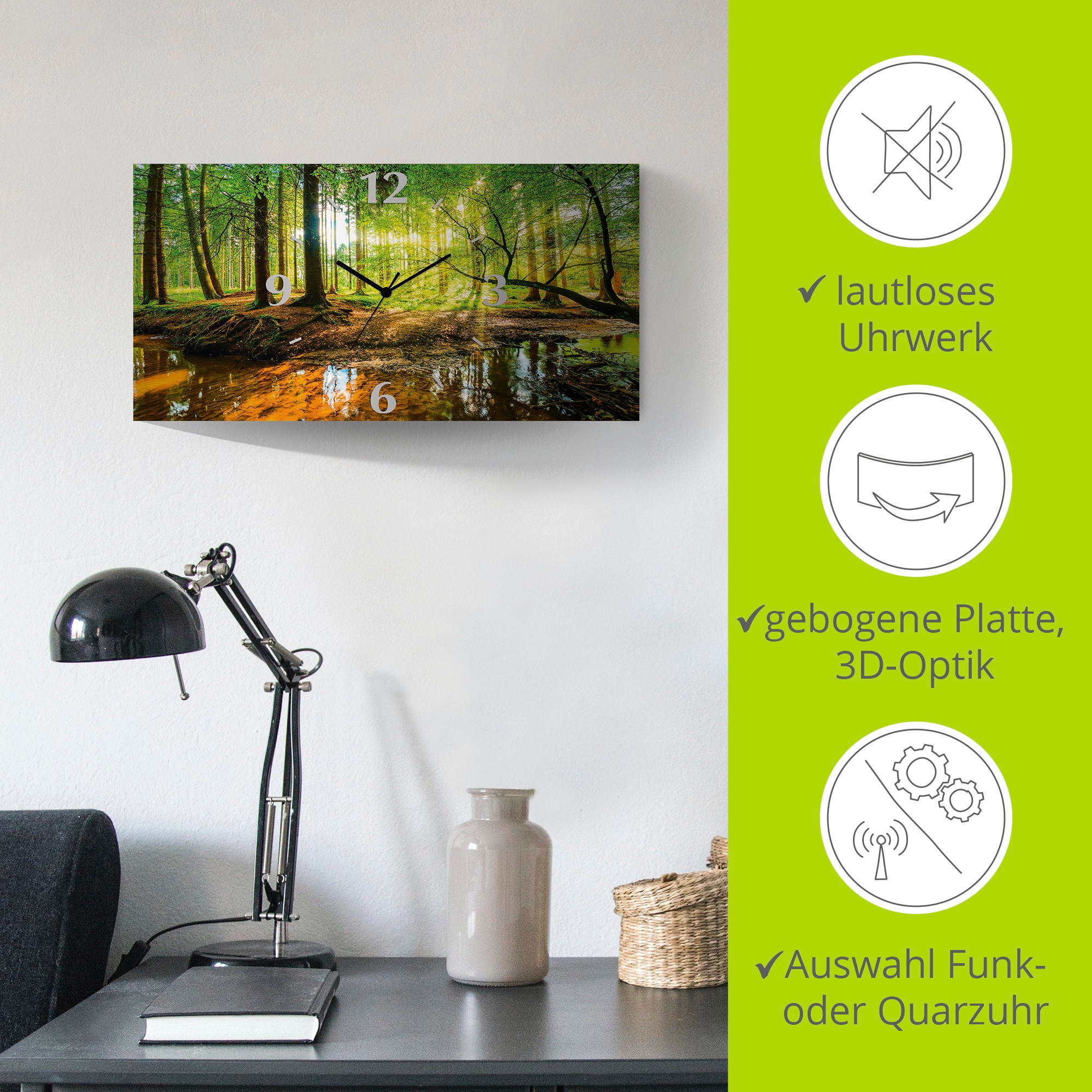 Artland Wanduhr »Wald mit Bach«, 3D Optik gebogen, mit Quarz- oder Funkuhrwerk, versch. Größen