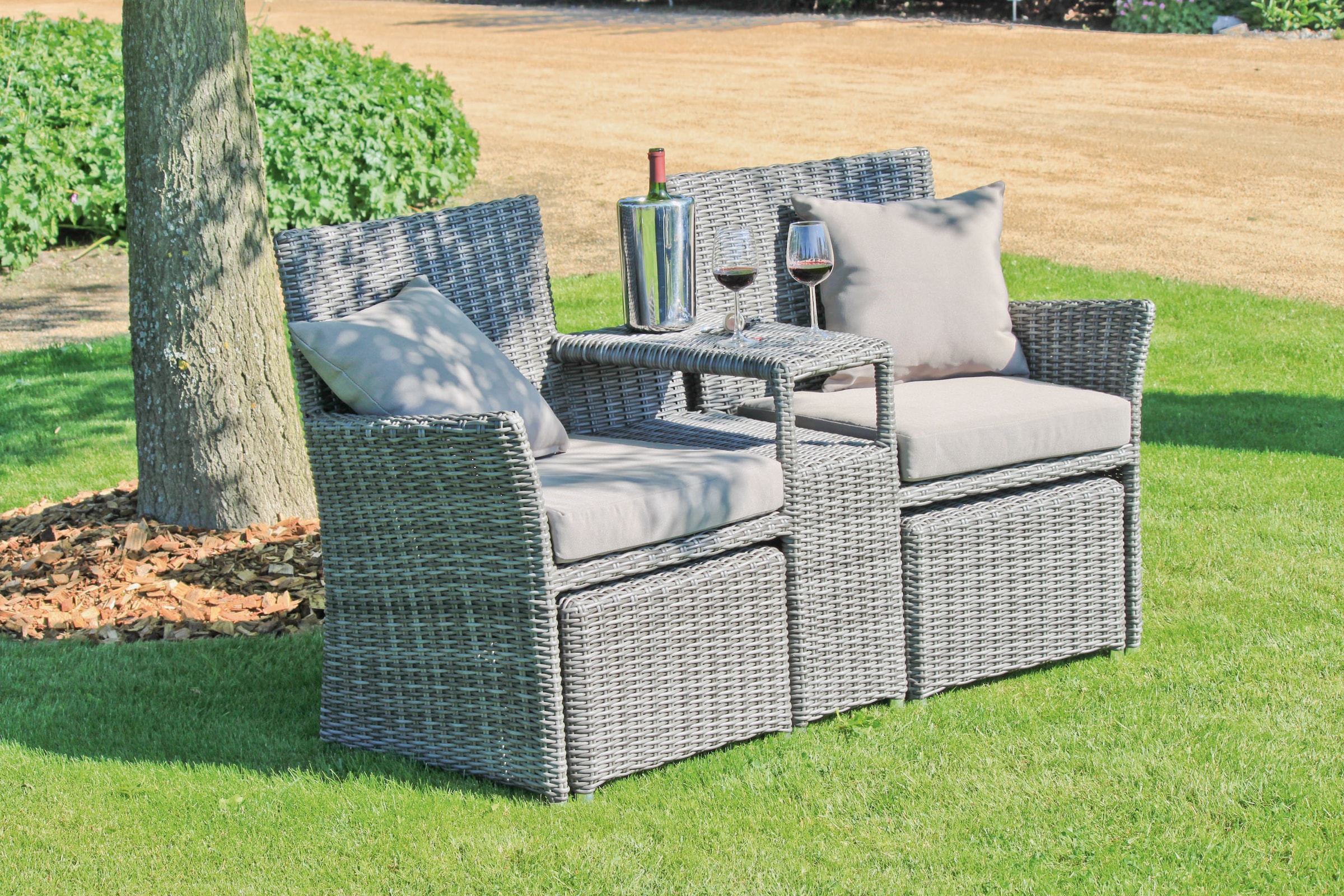 Garden Pleasure Gartensessel »CALGARY« Set,  Doppelsessel mit integriertem Tisch, 2 Hockern und Auflagen