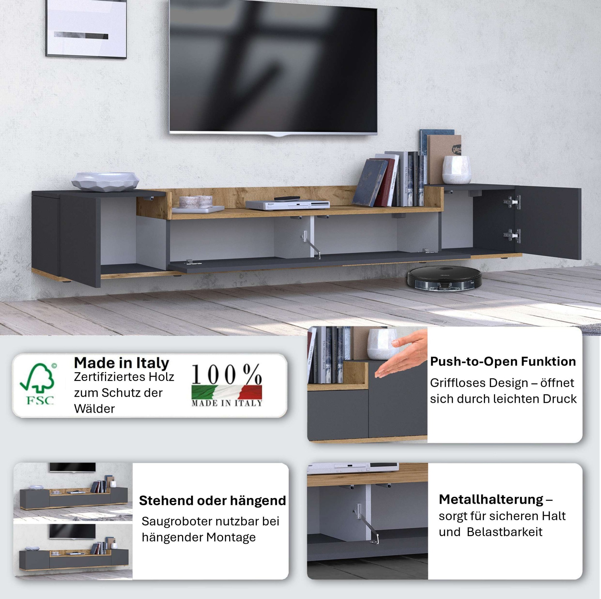 OTTO home Lowboard »BOLSENA,TV-Kommode, TV-Möbel,TV-Bank, 4 Fächer und offenes Ablagefach« 1 Stk. tlg. stehend/hängend montierbar, Made in Italy, B/T/H: 200 × 35 × 31,2 cm