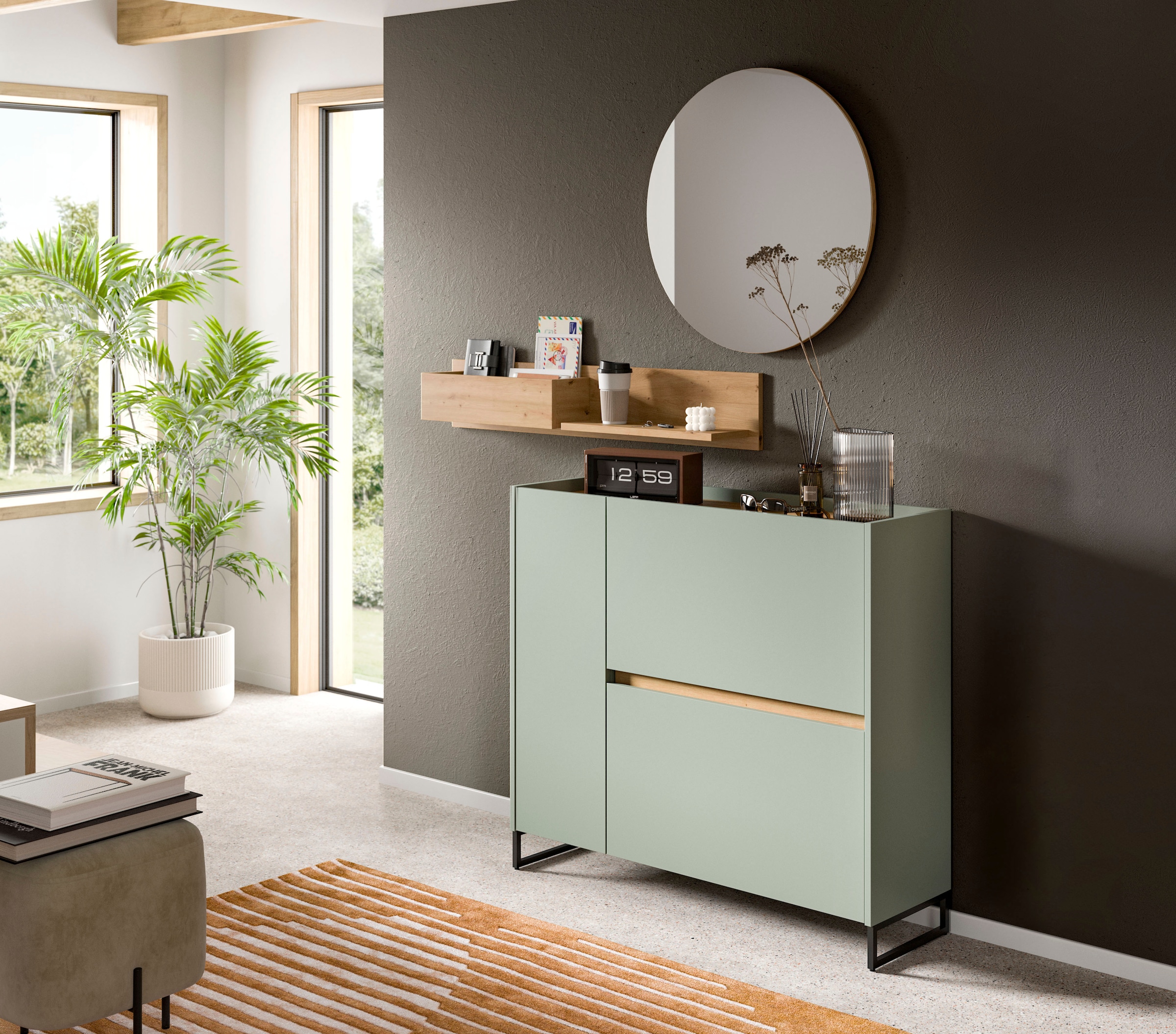 Home affaire Schuhschrank »EVRID, Breite 110cm, 1 Tür, 2 Schuhwalzen, inkl. Metall-Kufenfüße« individuell mit anderen Artikel der Serie EVRID erweiterbar, 1 Stk. tlg. Schuhkommode, Kommode, Sideboard, Garderobenschrank, Flurkommode