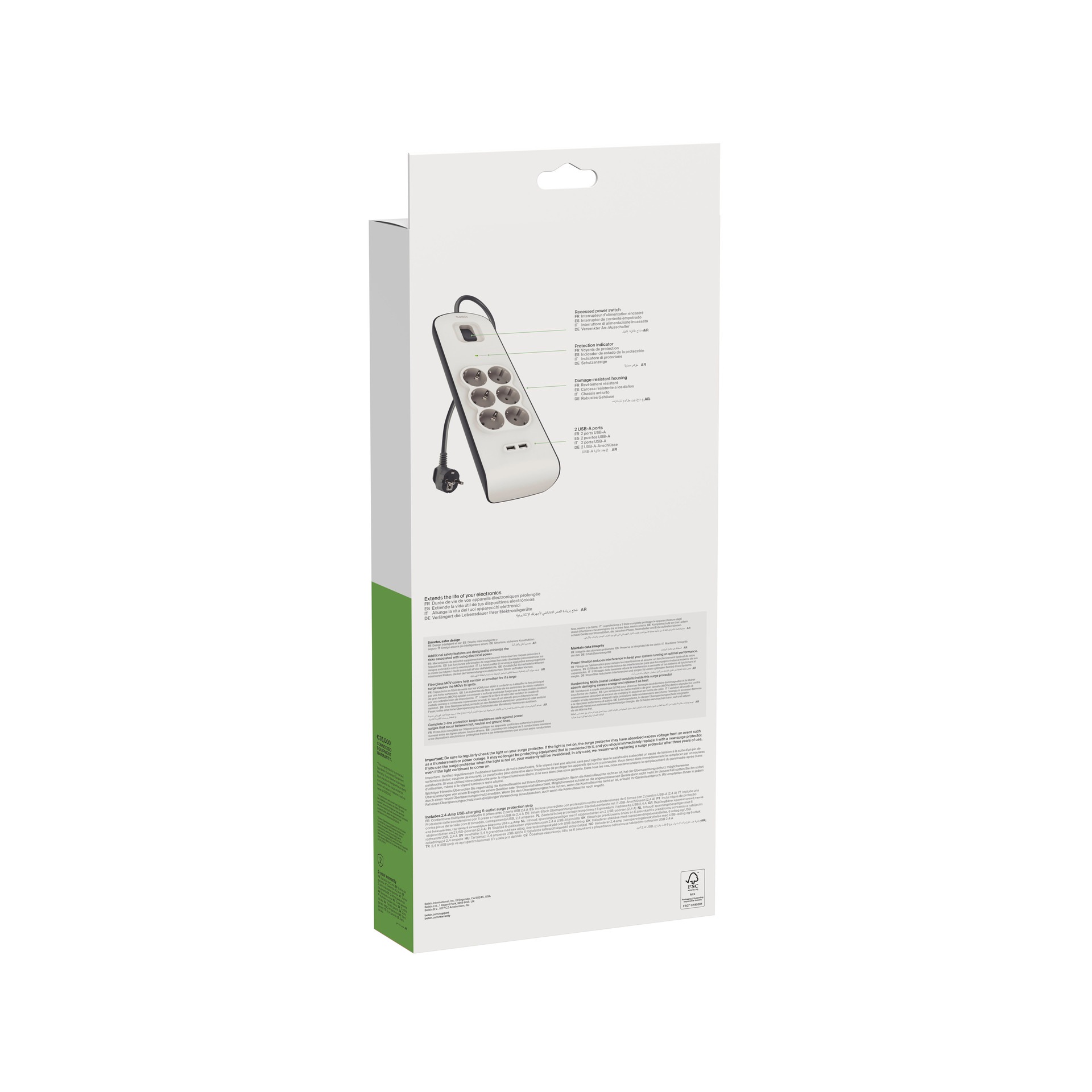 Belkin Steckdosenleiste »6fach-Steckdosenleiste mit Überspannungsschutz, 2-m-Kabel und USB-A«, 6-fach, (Ein- / Ausschalter Überspannungsschutz Kabellänge 2 m), 2 USB-Anschlüsse mit maximal 2,4 A