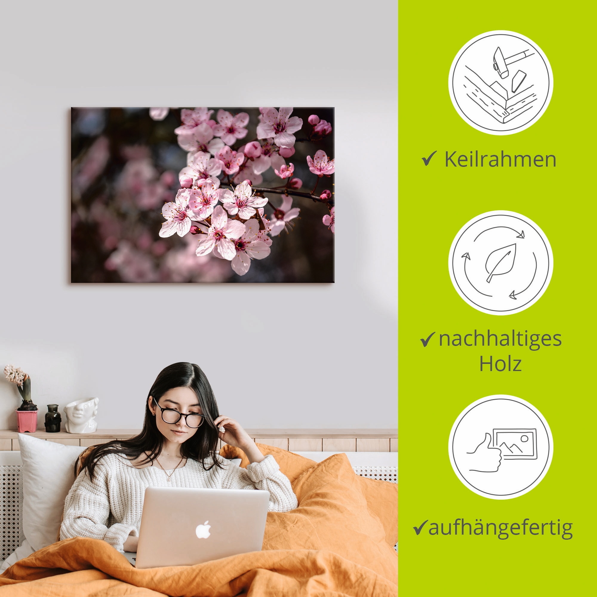 Artland Leinwandbild »Kirschblüten Nahaufnahme im Sonnenlicht«, Blumen, (1 St.), auf Keilrahmen gespannt