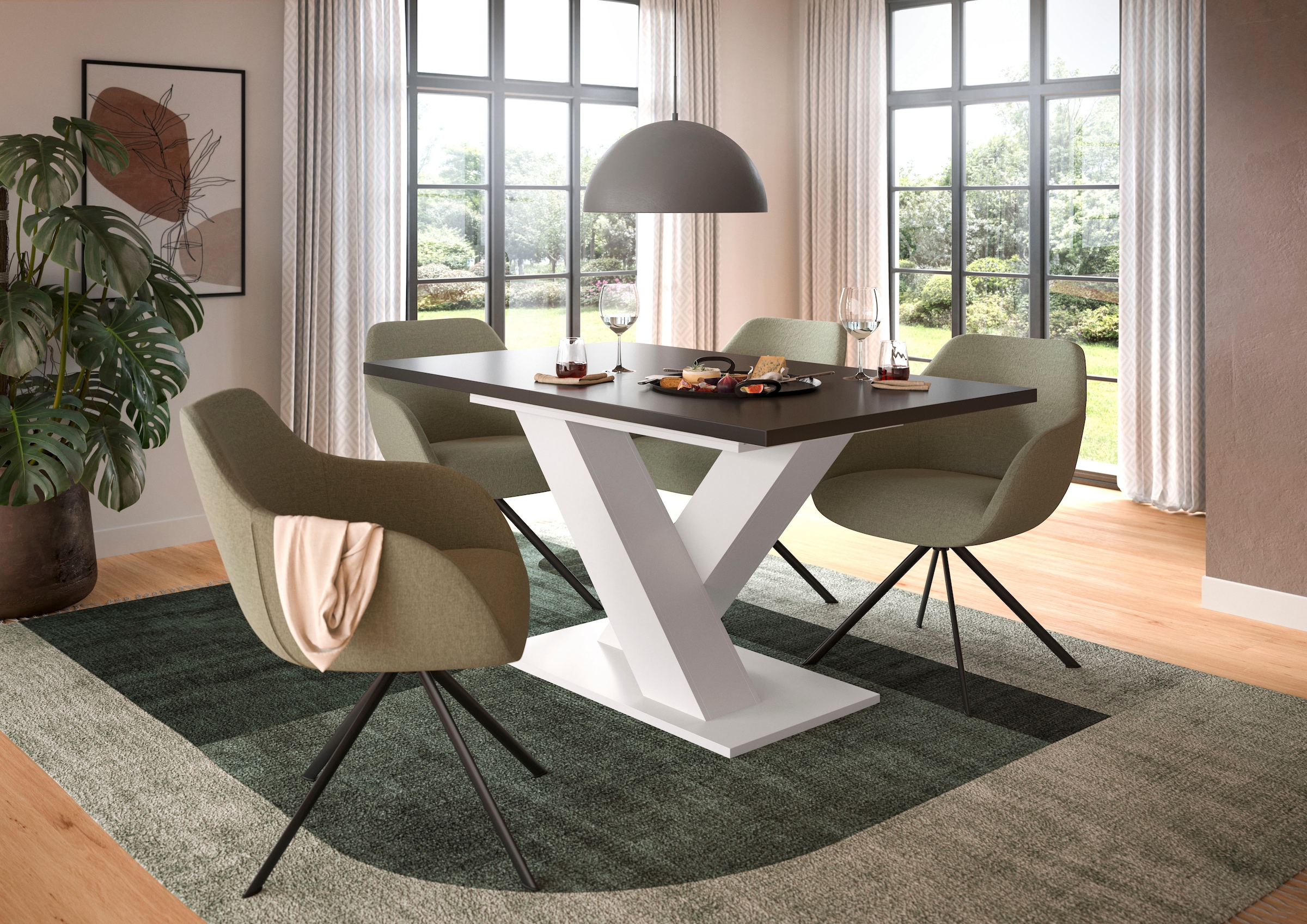 INOSIGN Esstisch »Motus, ausziehbar 150 -190 cm, inklusive 40 cm Einlegeplatte«, (Set, 1 St.), X-Gestell mit Bodenplatte, Tisch, Küchentisch, Esszimmer, Küche