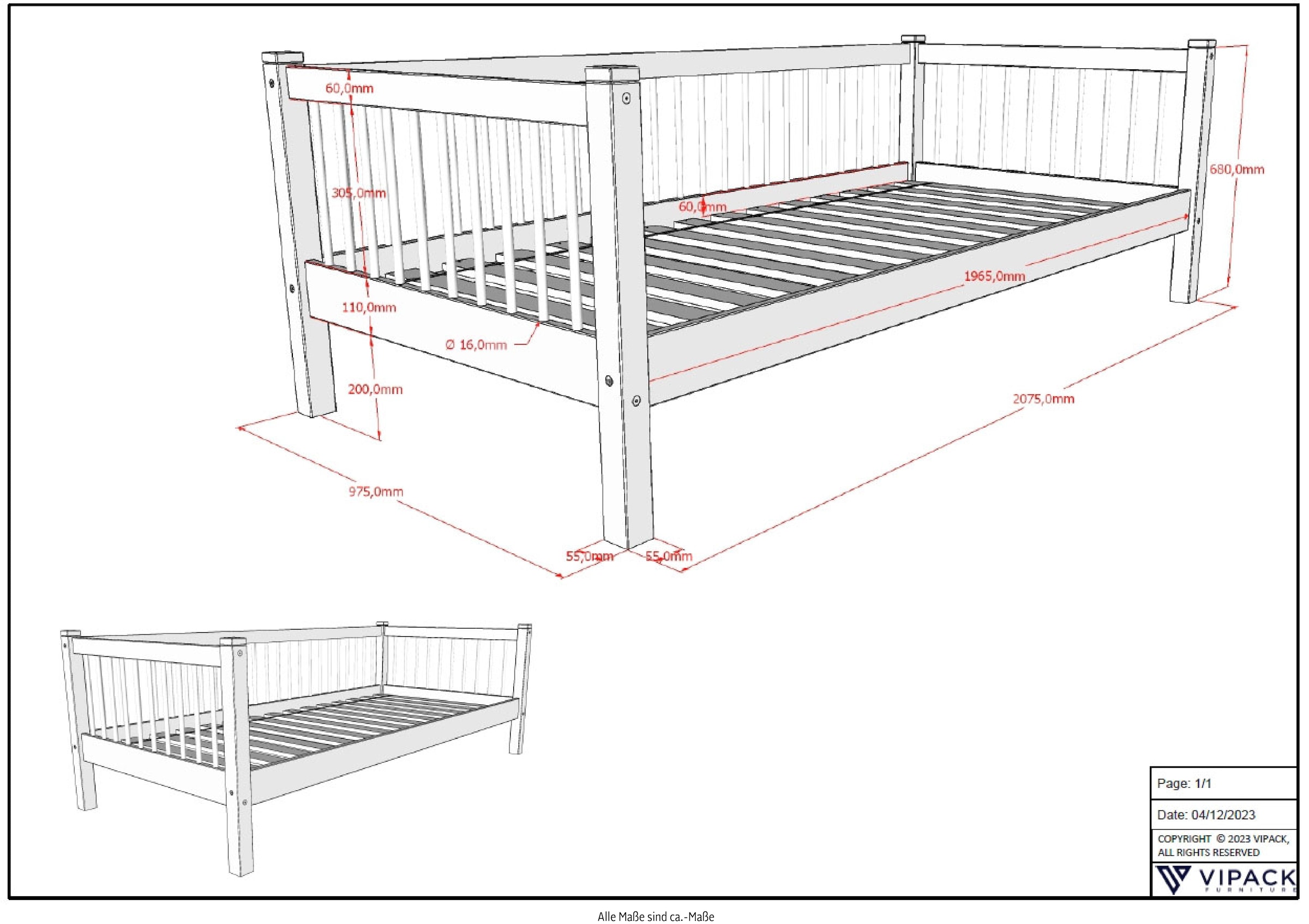 Home affaire Daybett »Forrest 90/200 aus massiver Eiche, Oberfläche geölt, stabil gebaut«, (B/H/T ca. 207,5x68x97,5cm, inkl. Massivholz Rolllattenrost), mit Sprossenumrandung, Rausfallschutz vorne, ohne o. mit Bettschublade