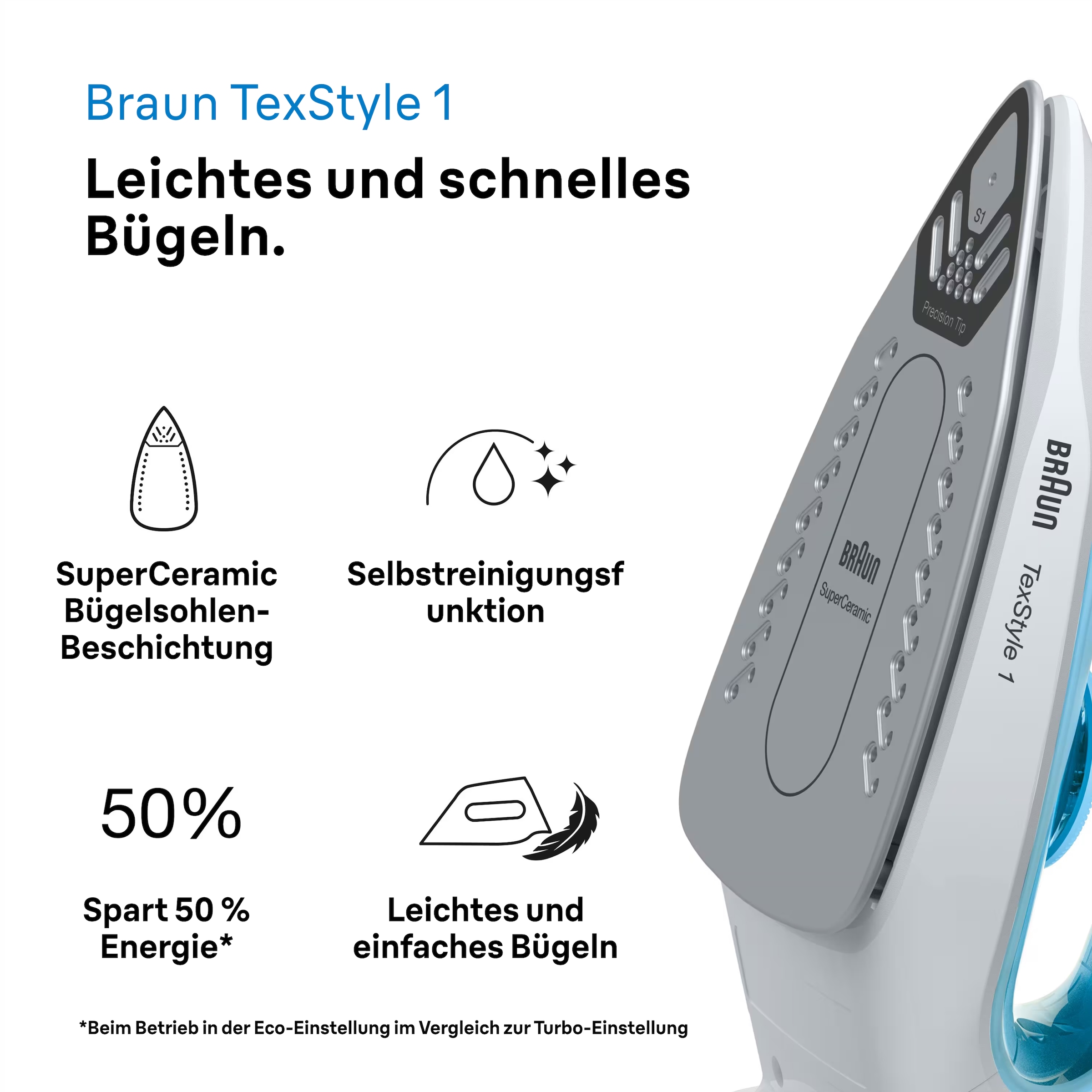 Braun Dampfbügeleisen »TexStyle 1 SI 1050 BL - 2.000 W, 120 g Dampfstoß, 220 ml Wassertank« 2000 W 25 g Dampfmenge, SuperCeramic Bügelsohle, 35 Sek. Aufheizzeit