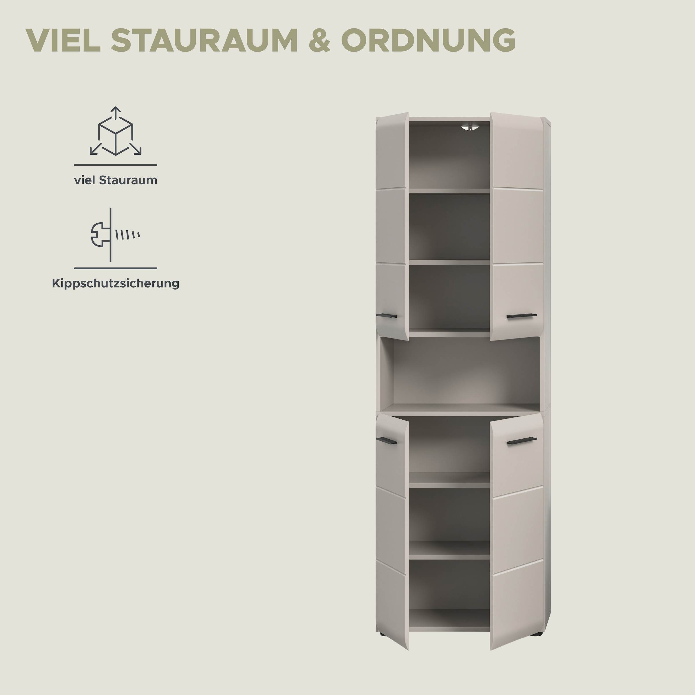 welltime Stauraumschrank »FLORENZ,  Höhe 185 cm, 4 oder 6 Türen, viel Stauraum« TOPSELLER!, 1 Stk. tlg. hochwertige MDF Front, Griff schwarz, Badschrank, Bad