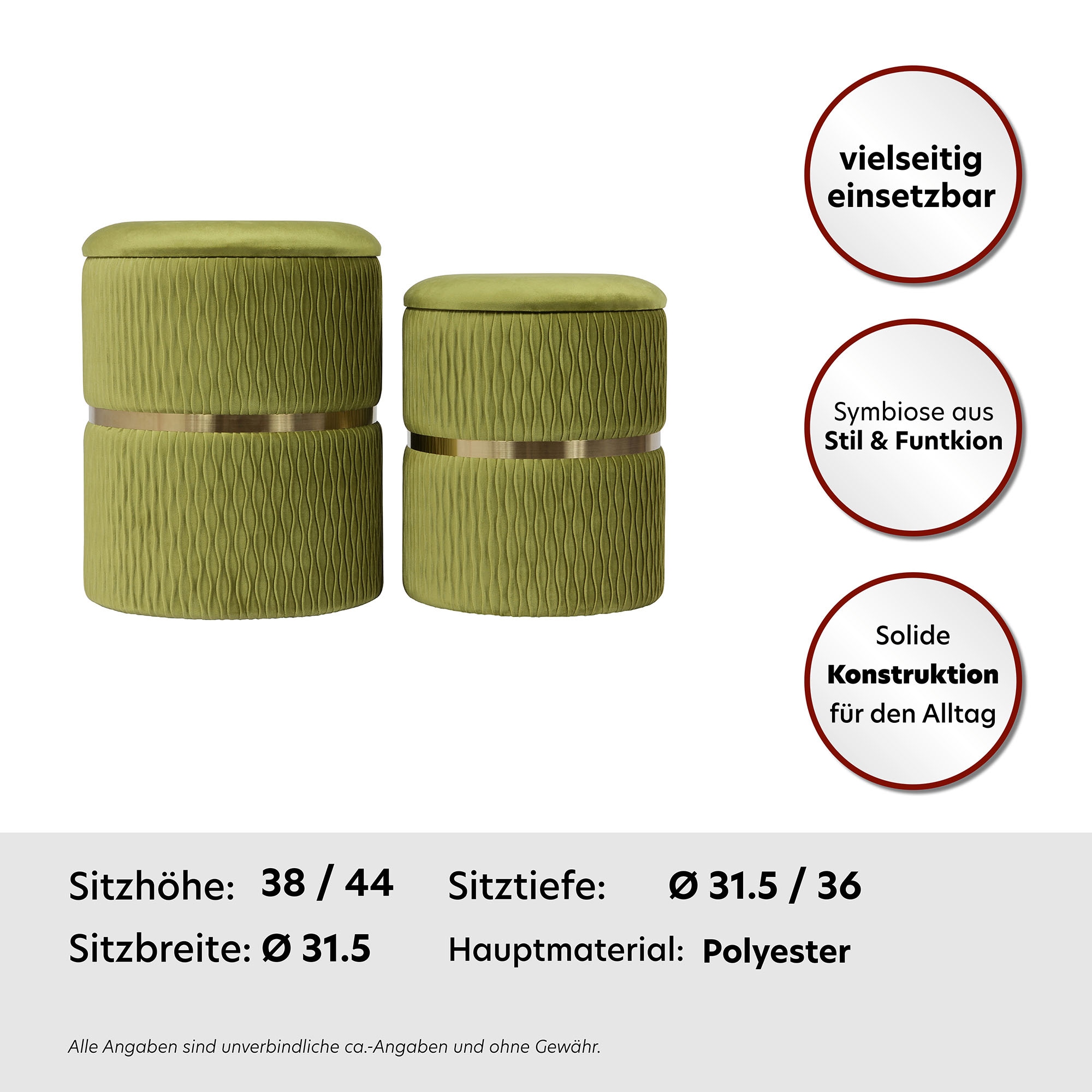 Kayoom Polsterhocker »Hocker Zora 425 2er-Set, Praktischer und versteckter Stauraum« Set, 2 Stk. tlg. 2er-Set mit Stauraum, ineinander stapelbar, goldener Ring