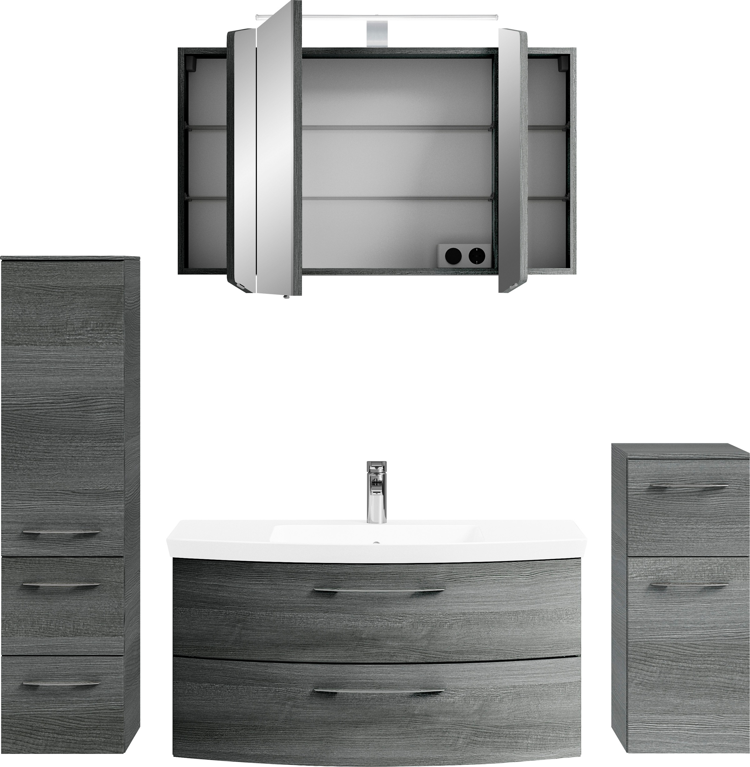 Saphir Badezimmer-Set »Cassca Sprint 4-teilig Mineralmarmor-Waschtisch mit LED-Spiegelschrank«, (5 St.), Midischrank, Unterschrank, inkl. Türdämpfer, 5 Türen, 5 Schubladen