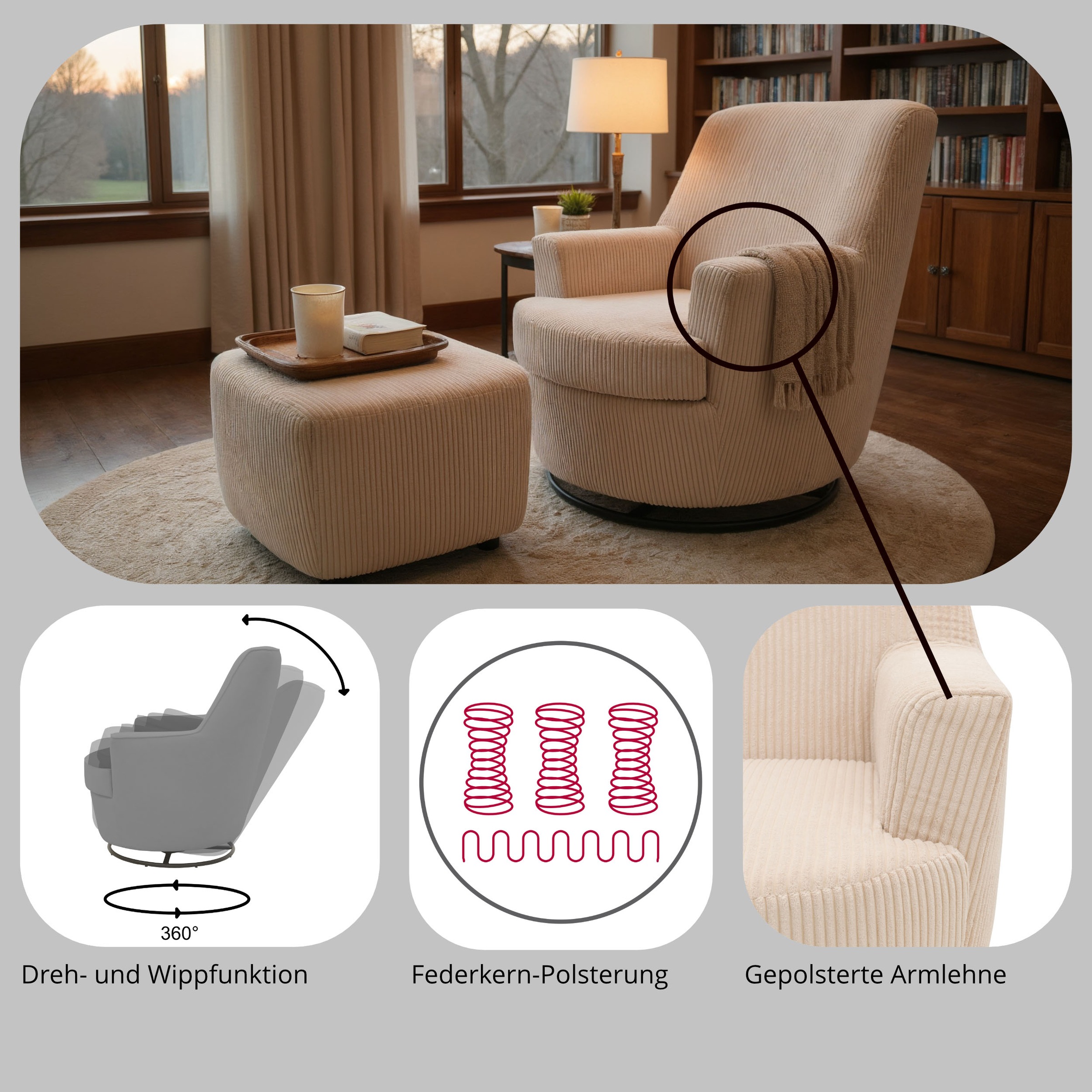 Home affaire Drehsessel »HETTY, Drehsessel mit Wippfunktion, Lese-Sessel in Cord und Microfaser« 1 Stk. tlg. mit Federkern, auch im Set mit passendem Hocker