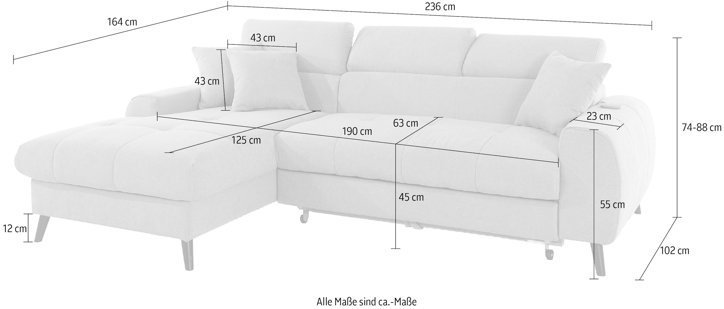 COTTA Ecksofa »Mia L-Form mit 3 Zierkissen« wahlweise mit Bettfunktion, Bettkasten, Beleuchtung & Wireless-Charger