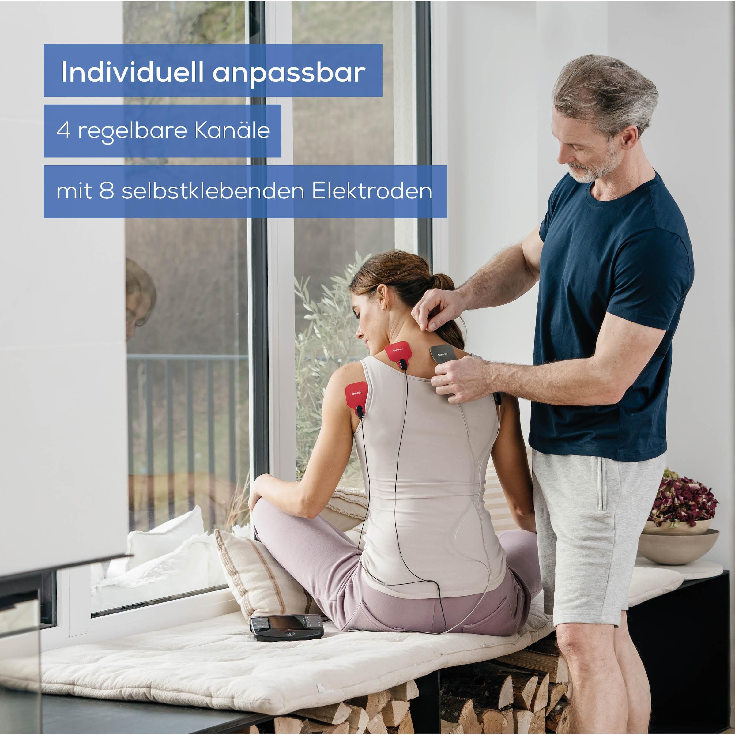 BEURER TENS-EMS-Gerät »EM 89 in 4-in-1 Funktion: TENS, EMS, Massage, Wärme«, (Inkl. 8 selbsthaftenden Gel-Pads), Mit 8 Elektroden für eine großflächige Anwendung auch am Rücken