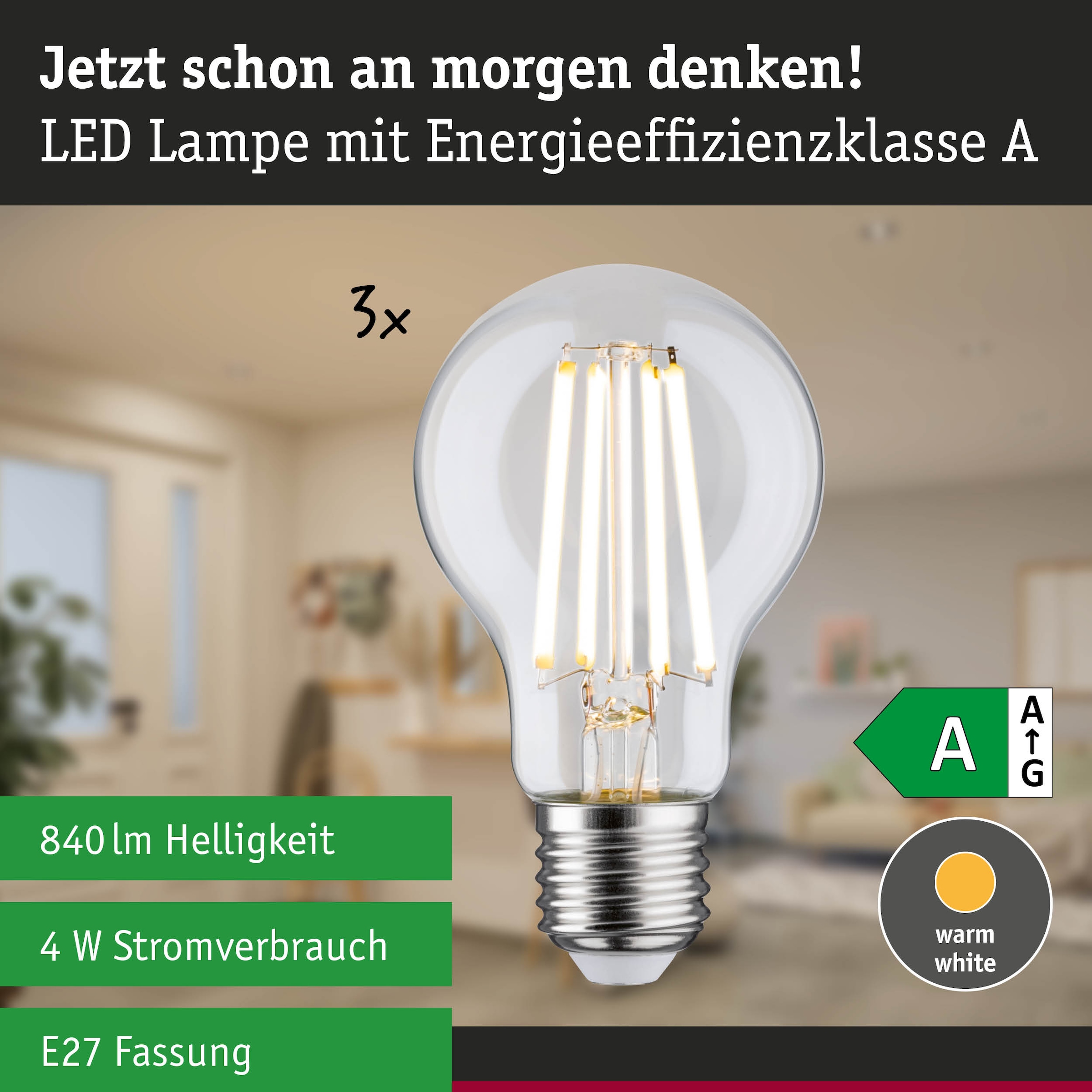 Paulmann LED-Leuchtmittel »Efficient-Line 3er Pack AGL 840lm 4W 3000K klar 230V« Warmweiß