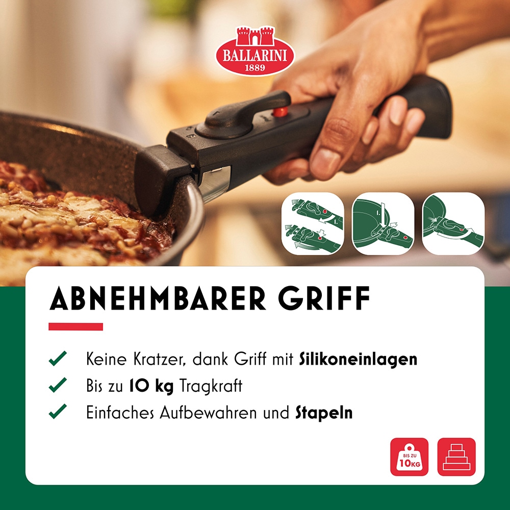 BALLARINI Pfannen-Set »Bratpfanne Torre«, Aluminium, (Set, 4 tlg., 1 Griff, 1 Bratpfanne 28 cm, 1 Bratpfanne 24 cm, 1 Stieltopf 16 cm), Abnehmbarer Griff, Keramikbeschichtung, Made in Italy, stapelbar