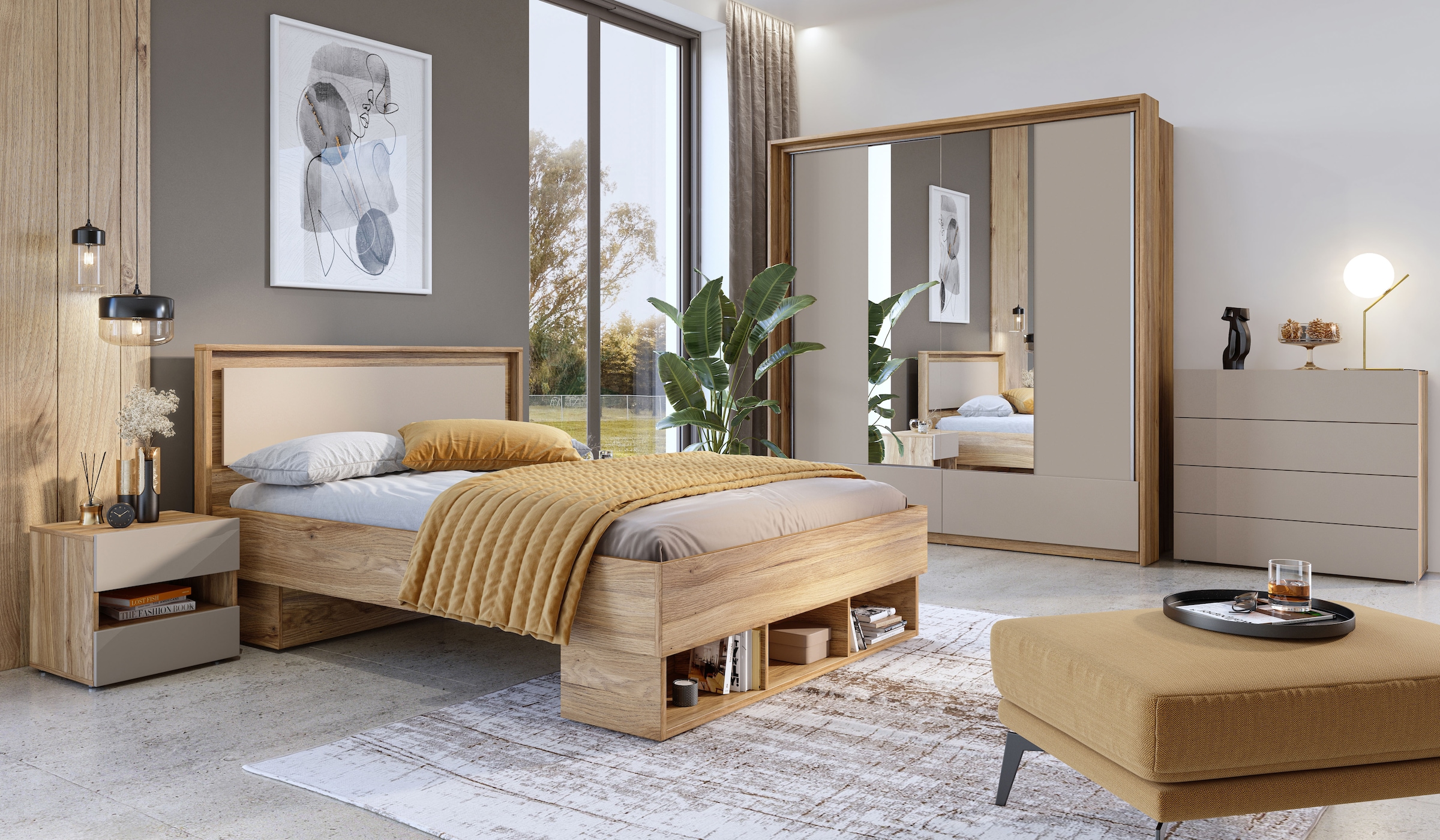 INOSIGN Bettgestell »Wharton, Breite 140cm bzw. 160cm, moderner Bettrahmen Made in Europe«, Doppelbett mit offenen Regalen, FSC-zertifizierter Holzwerkstoff