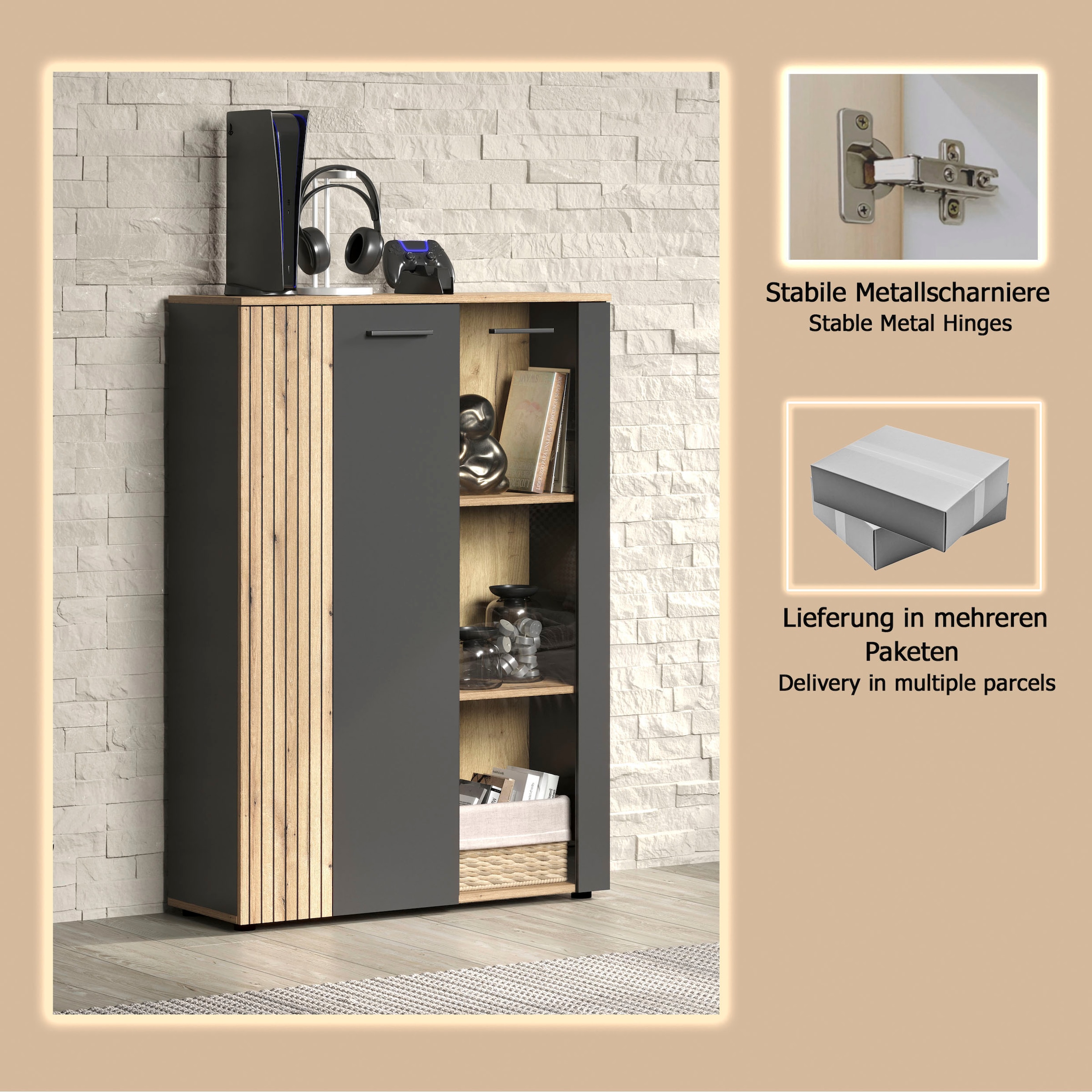 Home affaire Highboard »Estepona« 1 Stk. tlg. Vitrine, Tür mit Rillen-Optik, Breite 91 cm