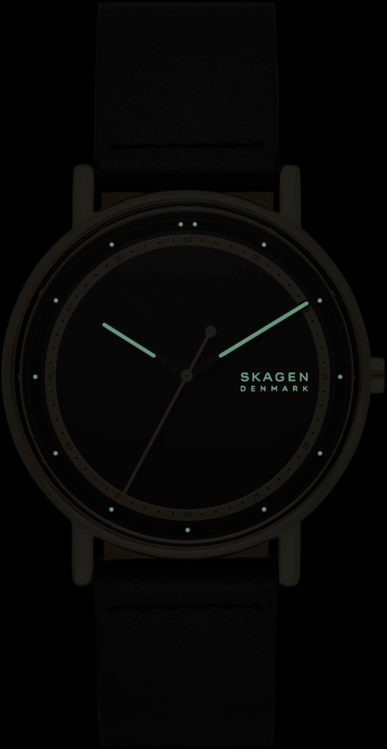 Skagen Quarzuhr »SIGNATUR«, Armbanduhr, Herrenuhr, Damenuhr, analog, Lederarmband