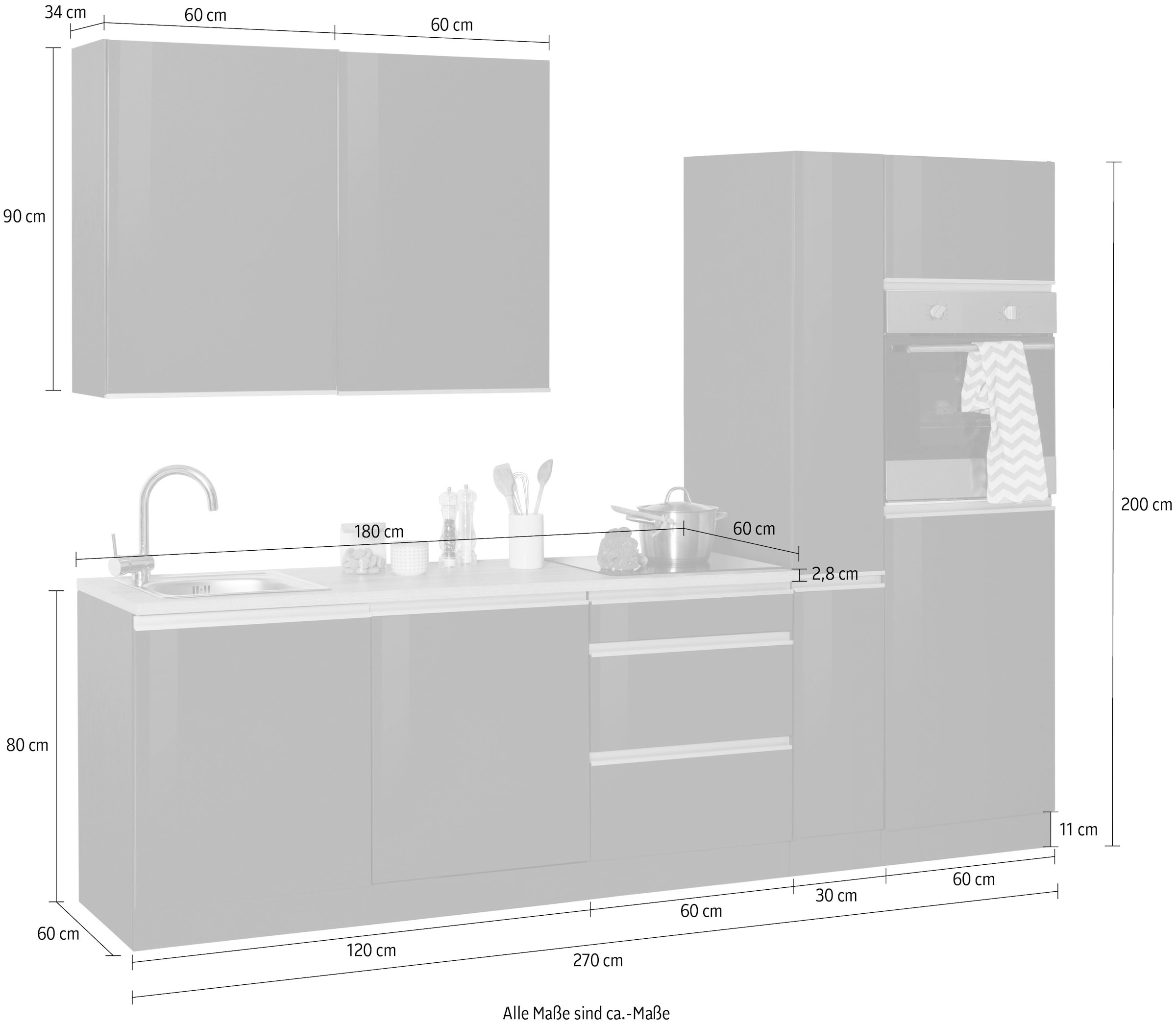 KOCHSTATION Küchenzeile »KS-Ohio«, ohne E-Geräte, Breite 270 cm